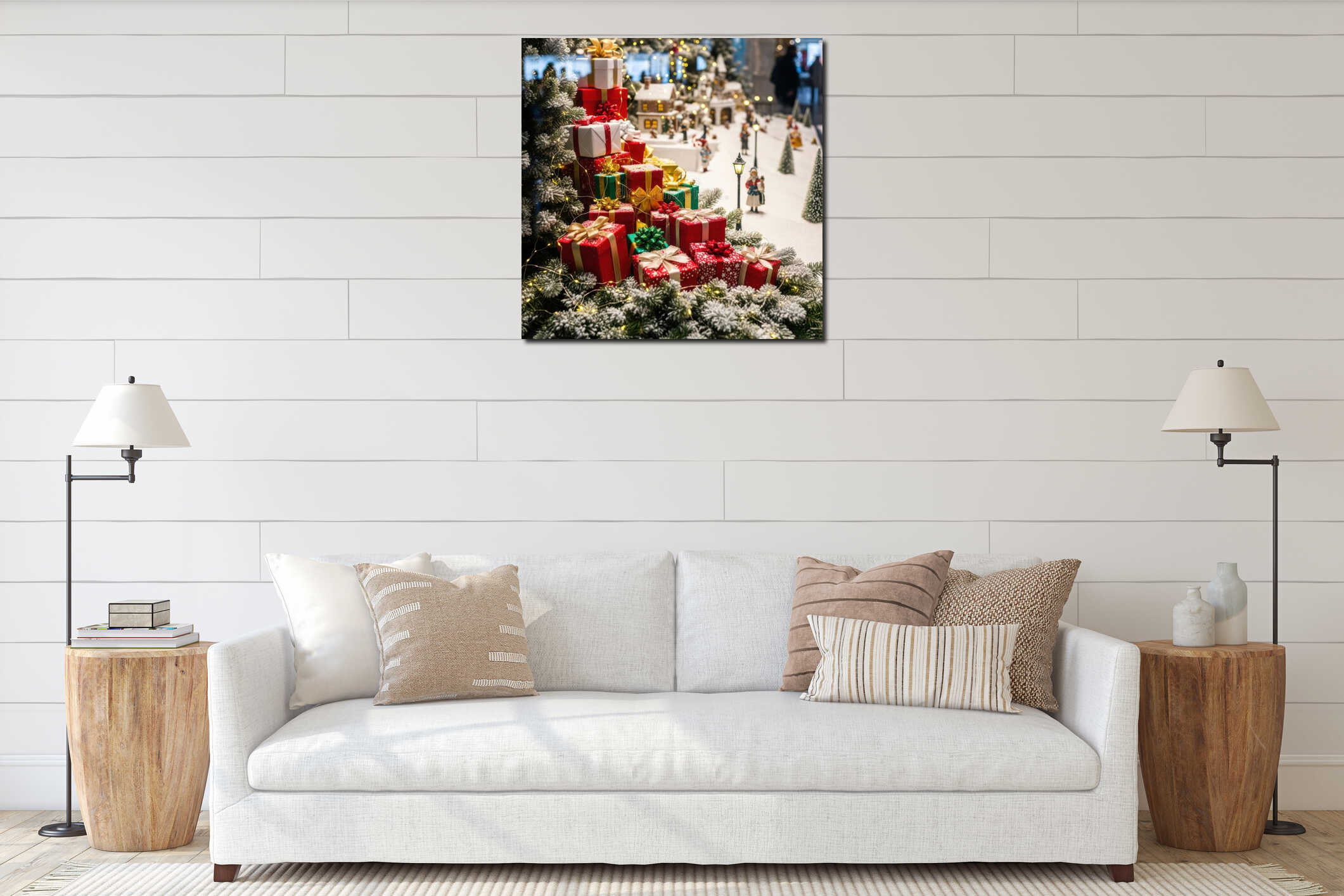 Festive christmas display with gift boxes and miniature winter village scene interior mockup