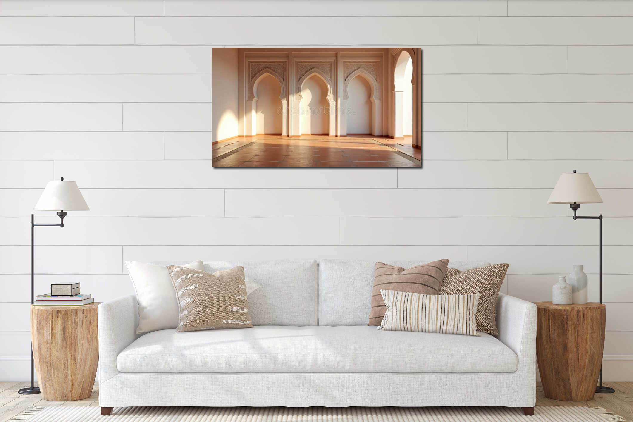 Sunlit room interior featuring three ornate Moorish arches with intricate geometric patterns. Natural light streams creating interior mockup
