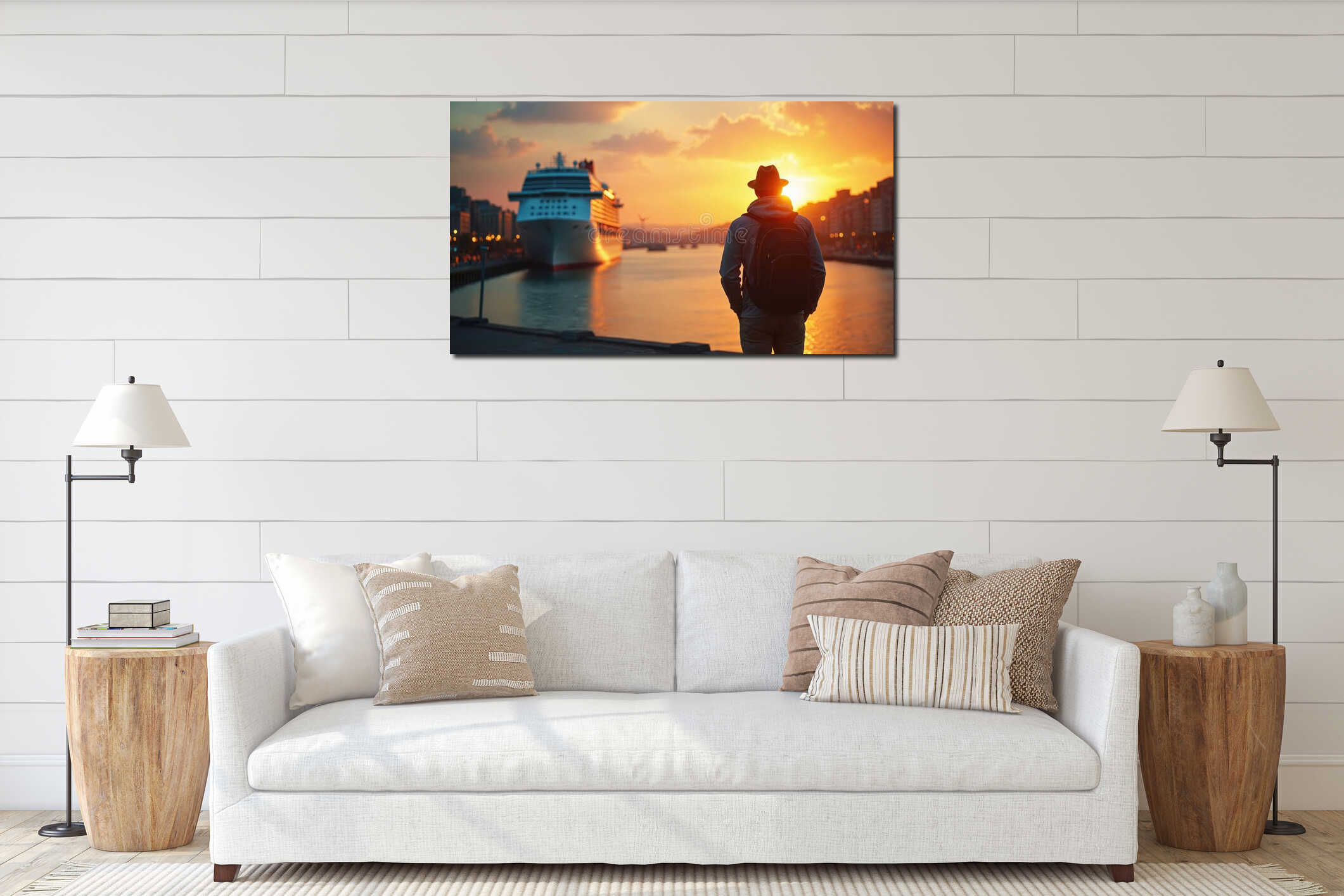 Traveler with backpack observes sunset over cruise ship, city skyline. Scenic urban harbor scene evokes feelings of serenity, interior mockup