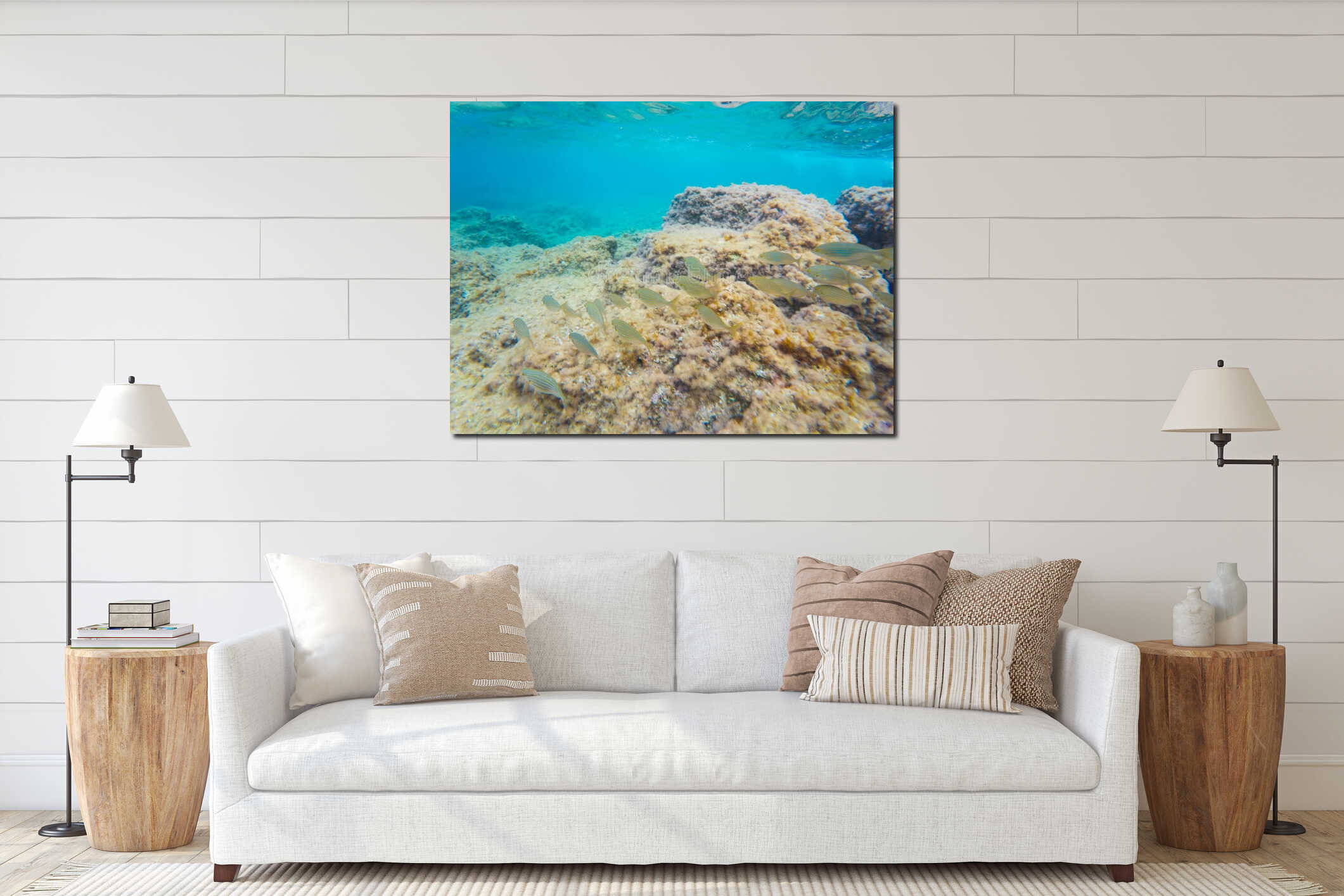 This vibrant underwater photograph captures a school of fish as they gracefully swim past a sunlit, rocky reef in clear, turquoise interior mockup