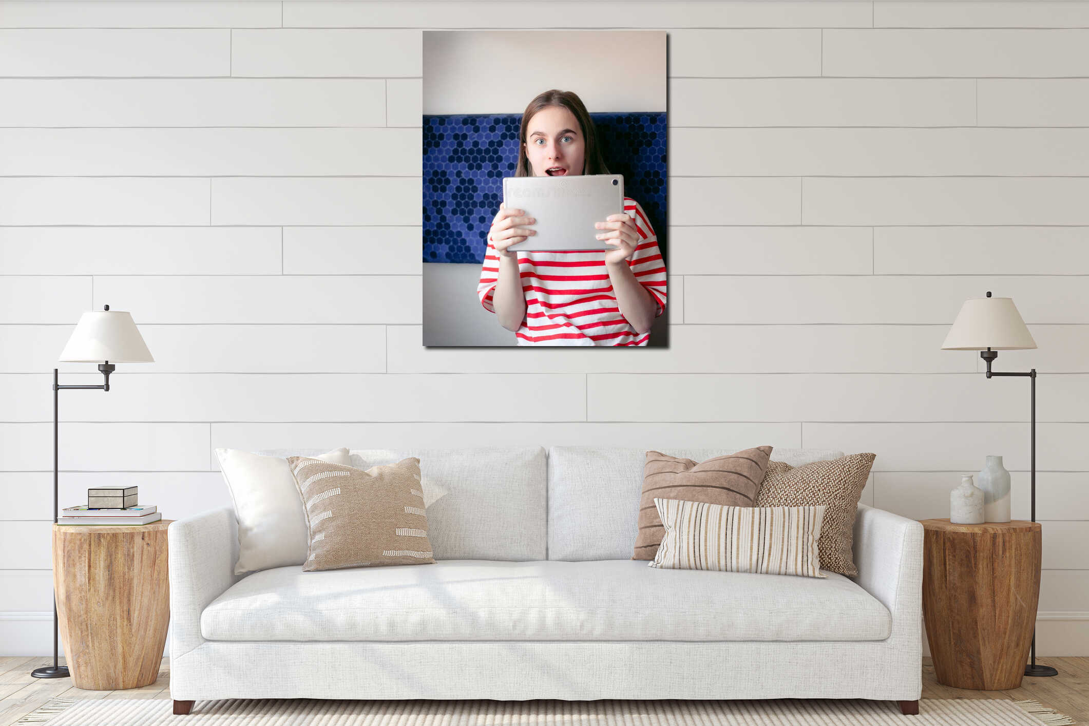 Girl red white striped shirt stands inside sunlit train corridor, expressing joy, confidence, travel interior mockup