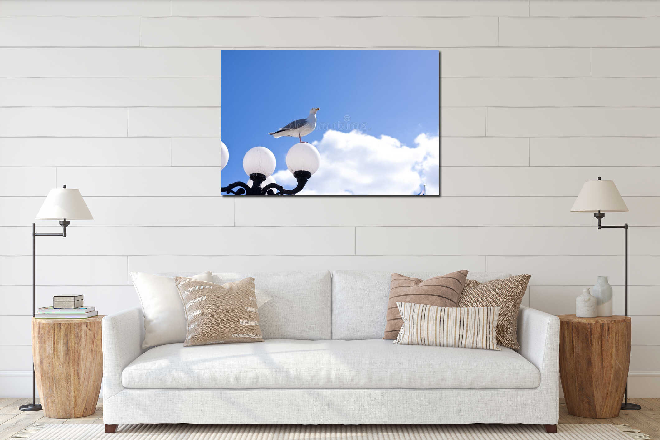 Seagull on lamp interior mockup