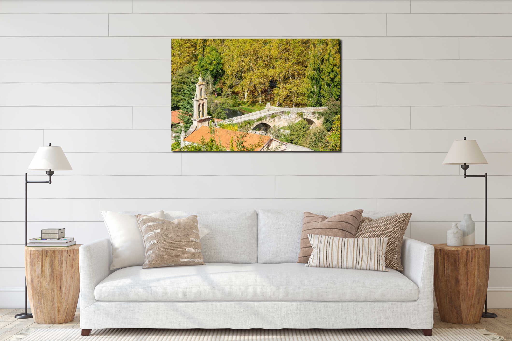 Panoramic view of the medieval bridge in Allariz Galicia in autumn A Scenic Historic Village interior mockup