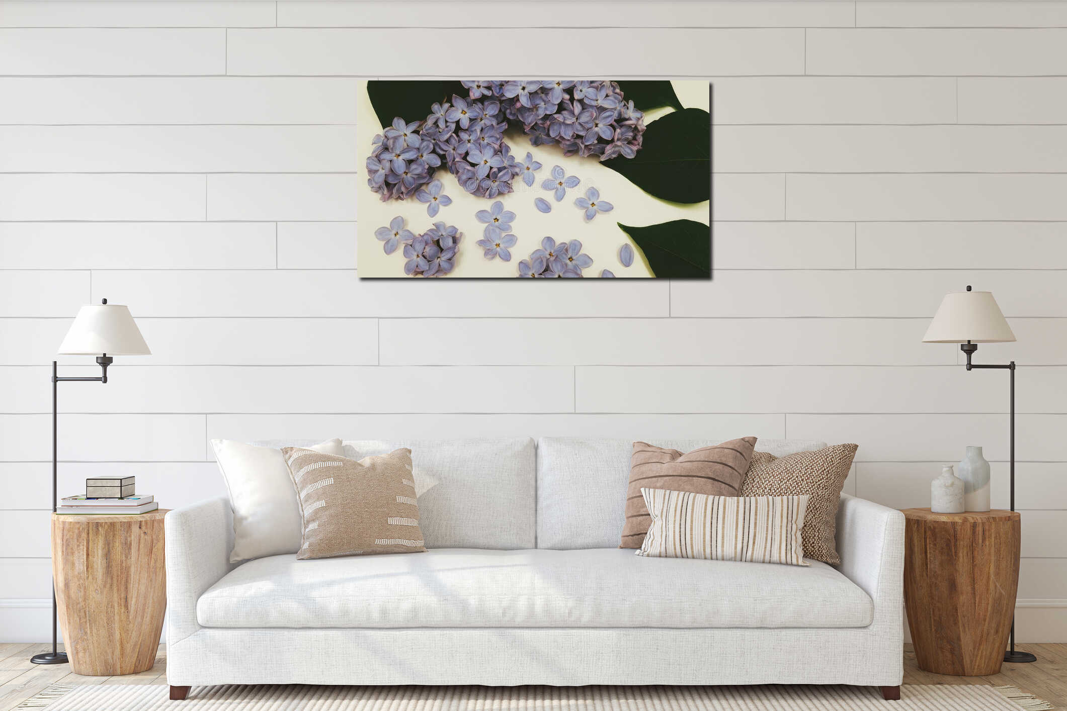Close-up of lilac flower clusters with delicate light purple petals against a clean white background highlighting soft interior mockup