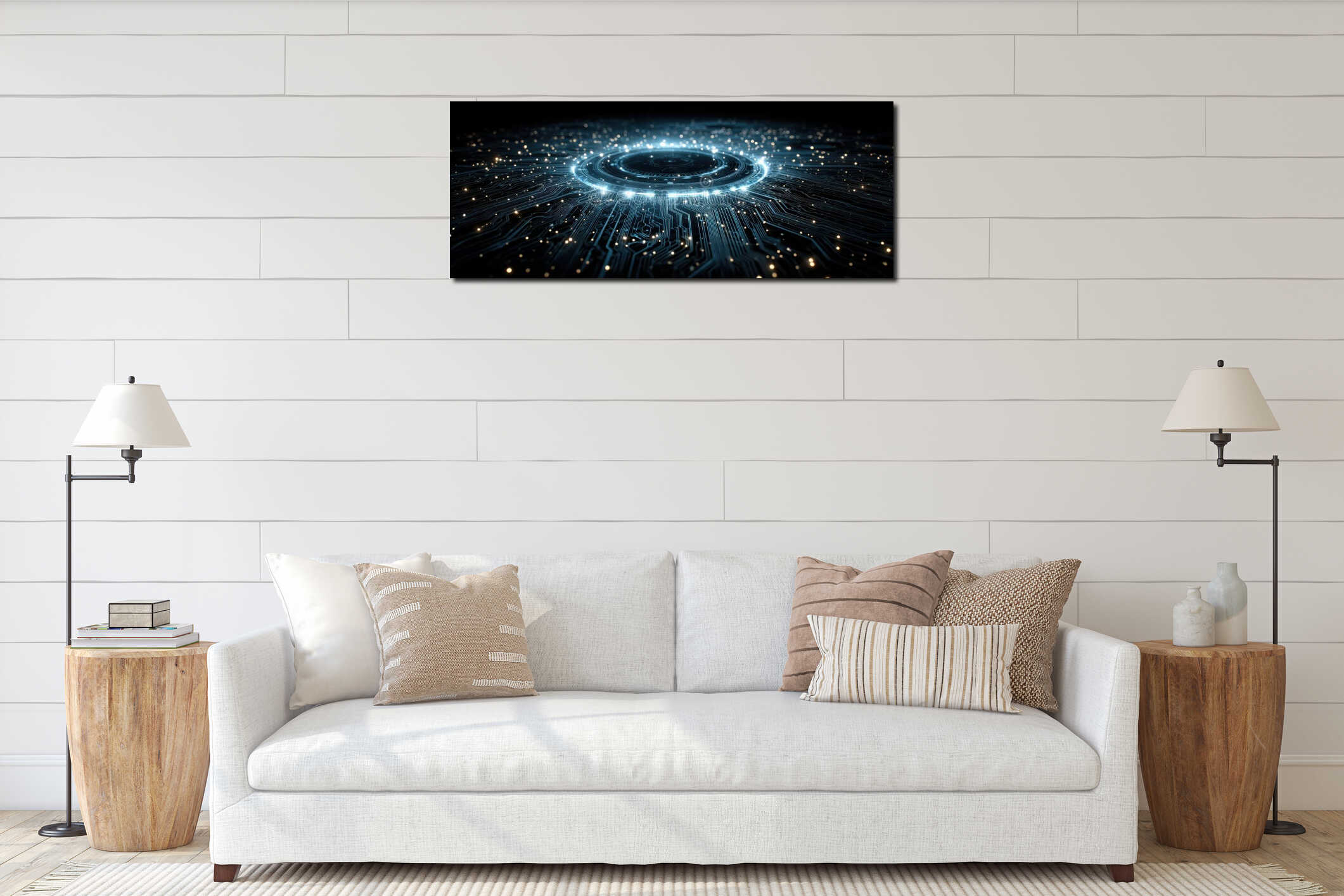 Futuristic blue illuminated technology circuit with data network glow interior mockup
