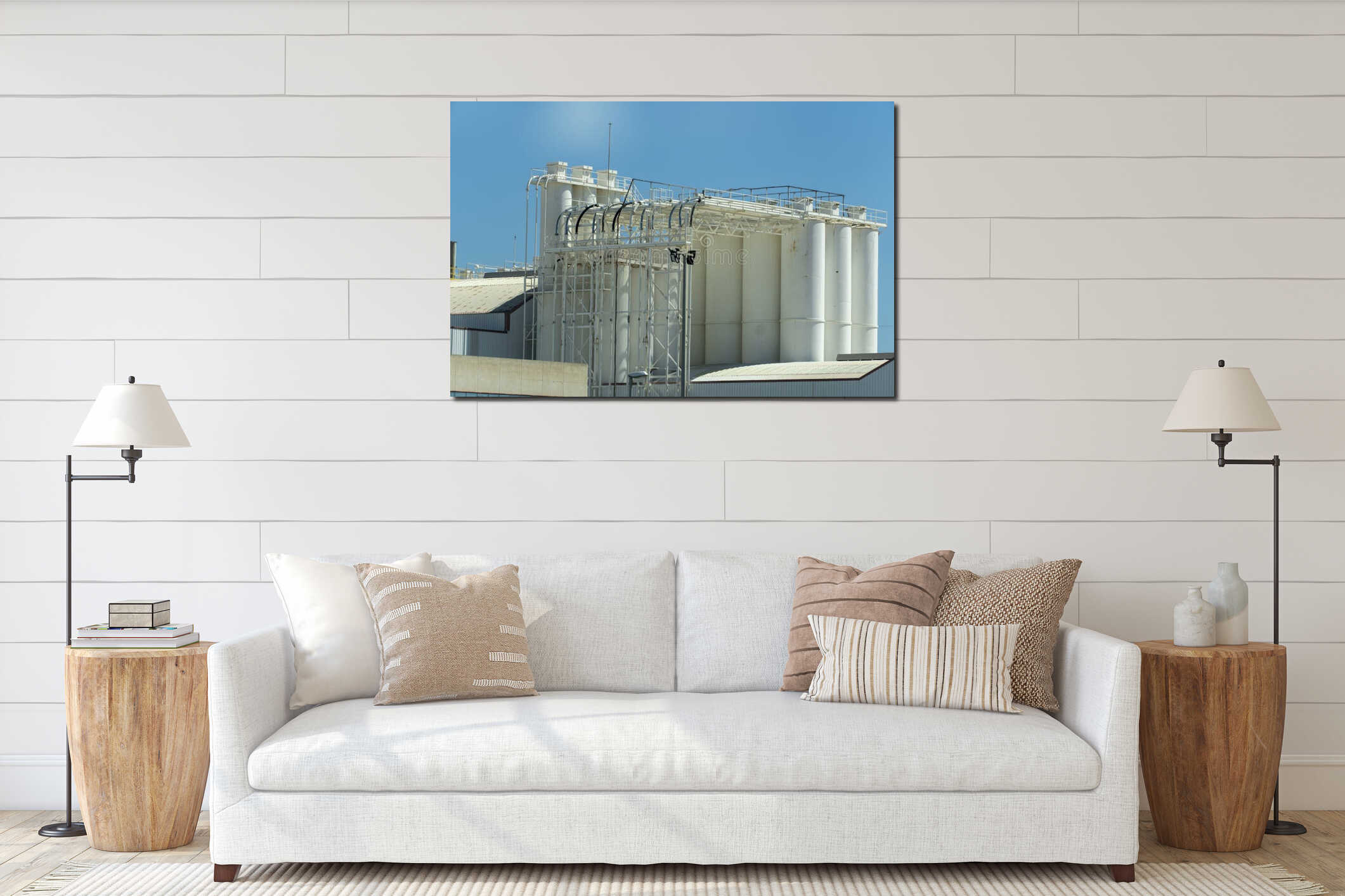 A large white industrial building with a blue sky in the background interior mockup