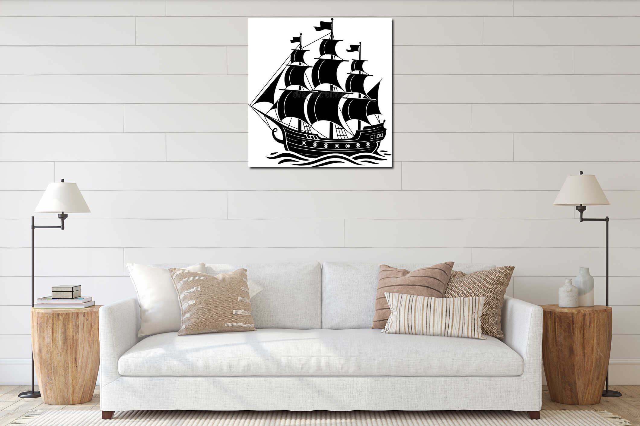 Majestic tall ship sailing on wavy seas under full sails interior mockup