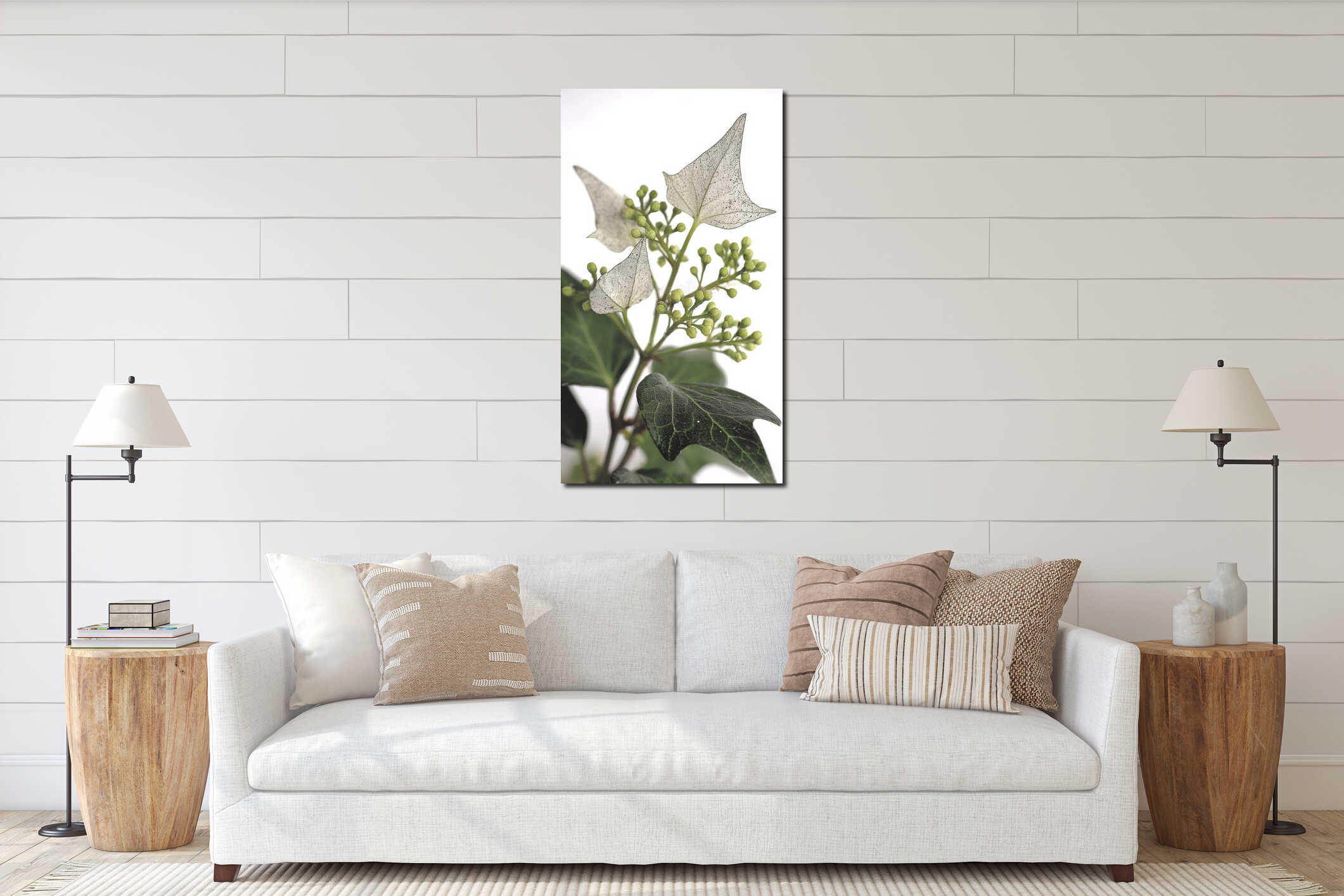 Delicate clusters of ivy flowers showcasing small greenish-white blooms in natural light against a clean white interior mockup