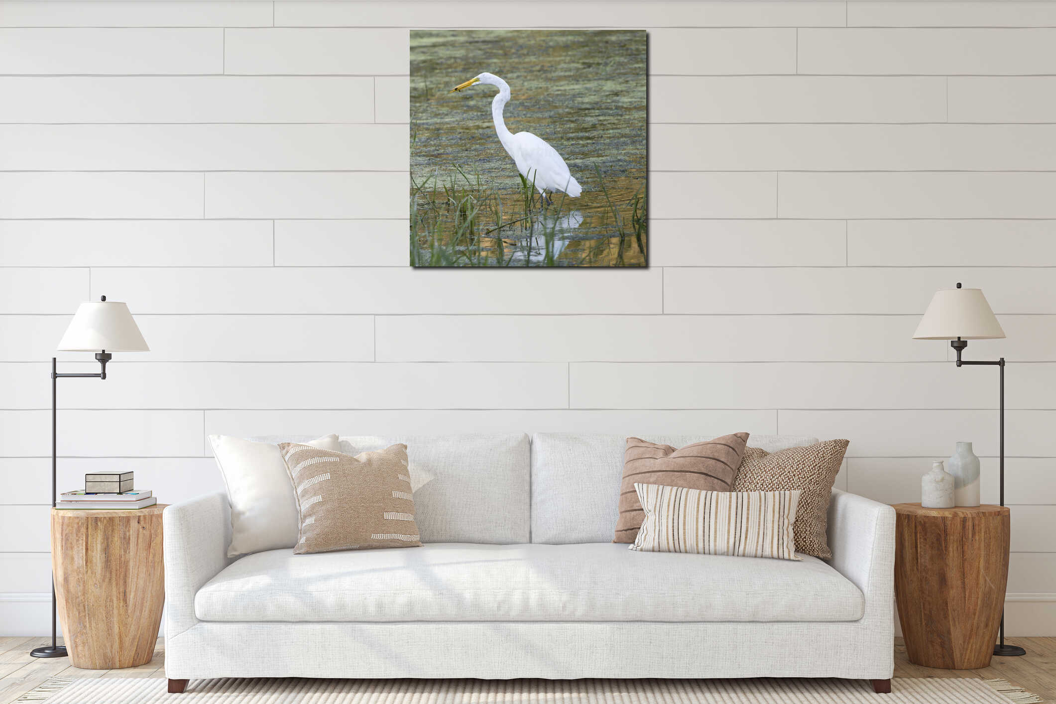Great egret (Ardea alba) holding prey in its beak interior mockup