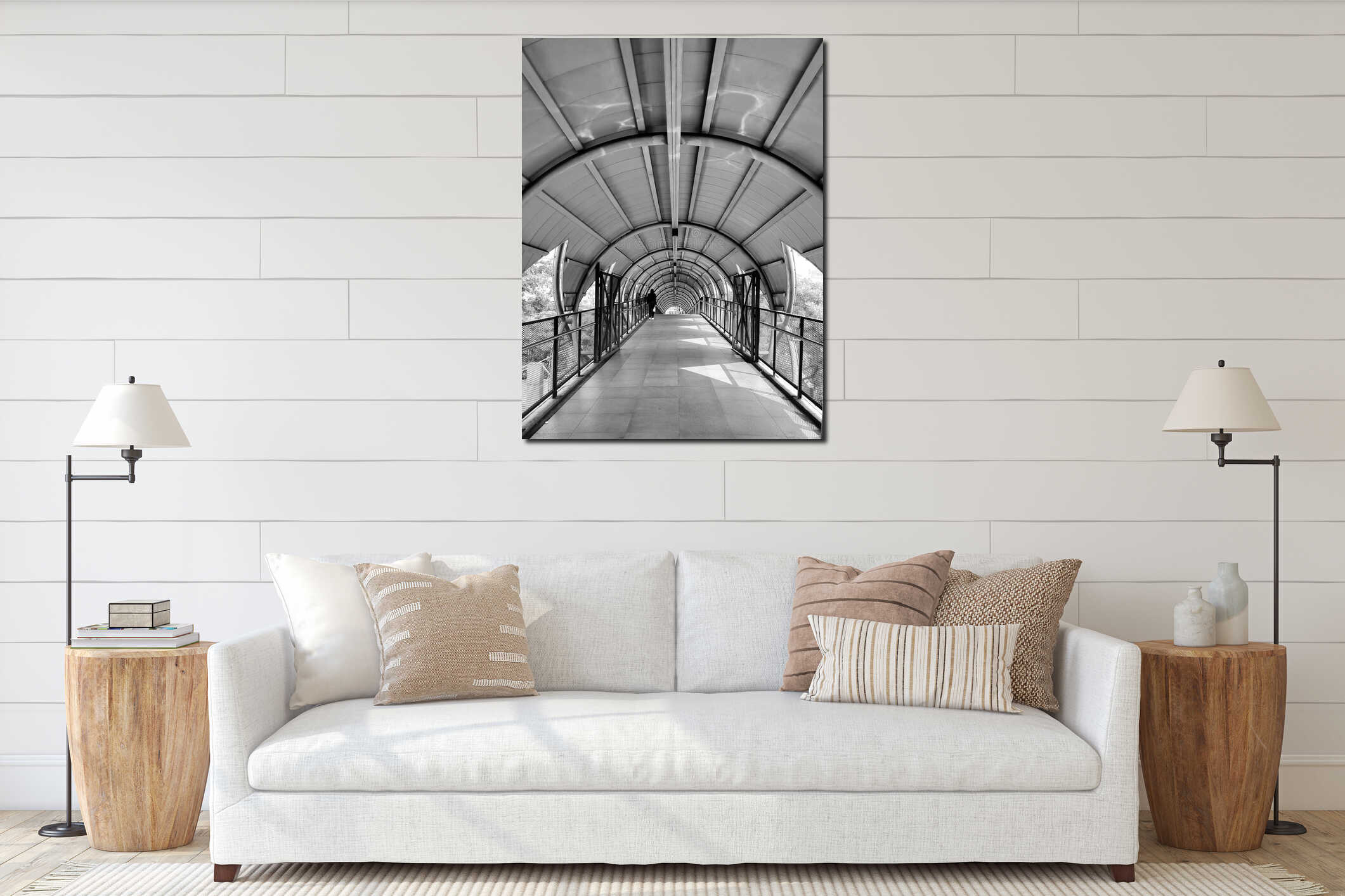 Modern Covered Pedestrian Bridge with Unique Architectural Design in Black and White interior mockup