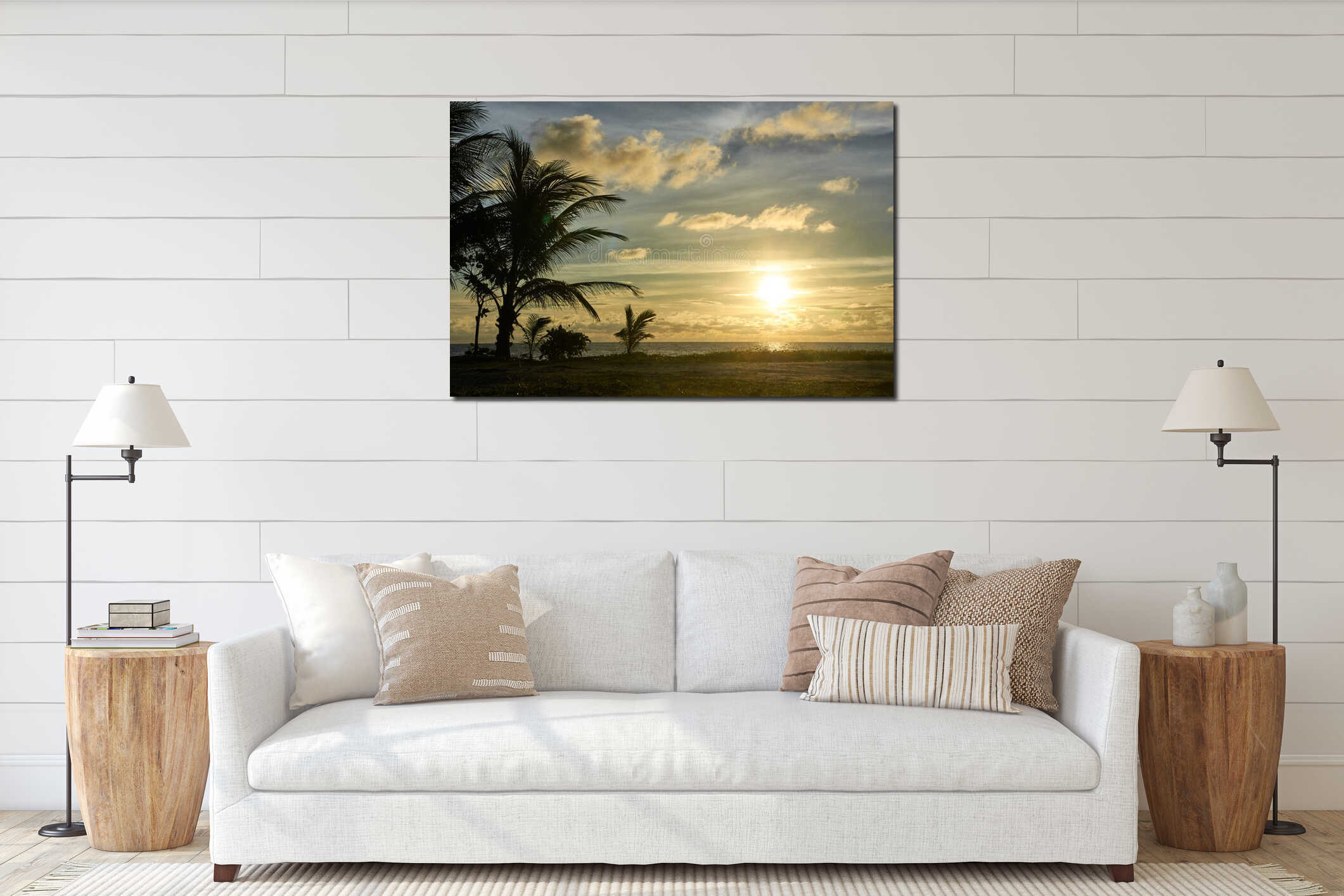 Tranquil tropical beach sunset with palm trees and ocean in golden lighting interior mockup