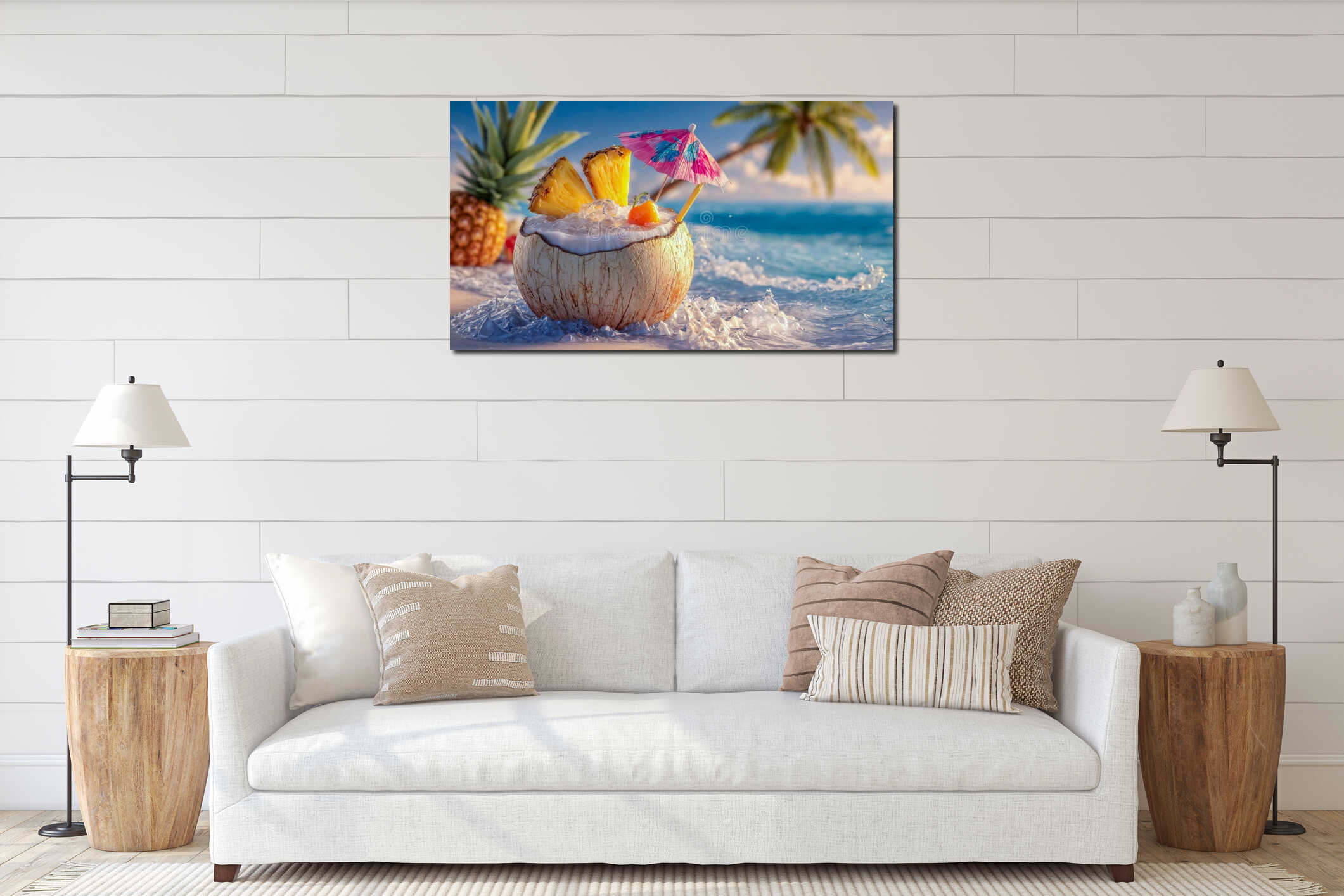 Tropical coconut cocktail with pineapple garnish and colorful umbrella on pristine beach with palm trees and turquoise ocean waves interior mockup