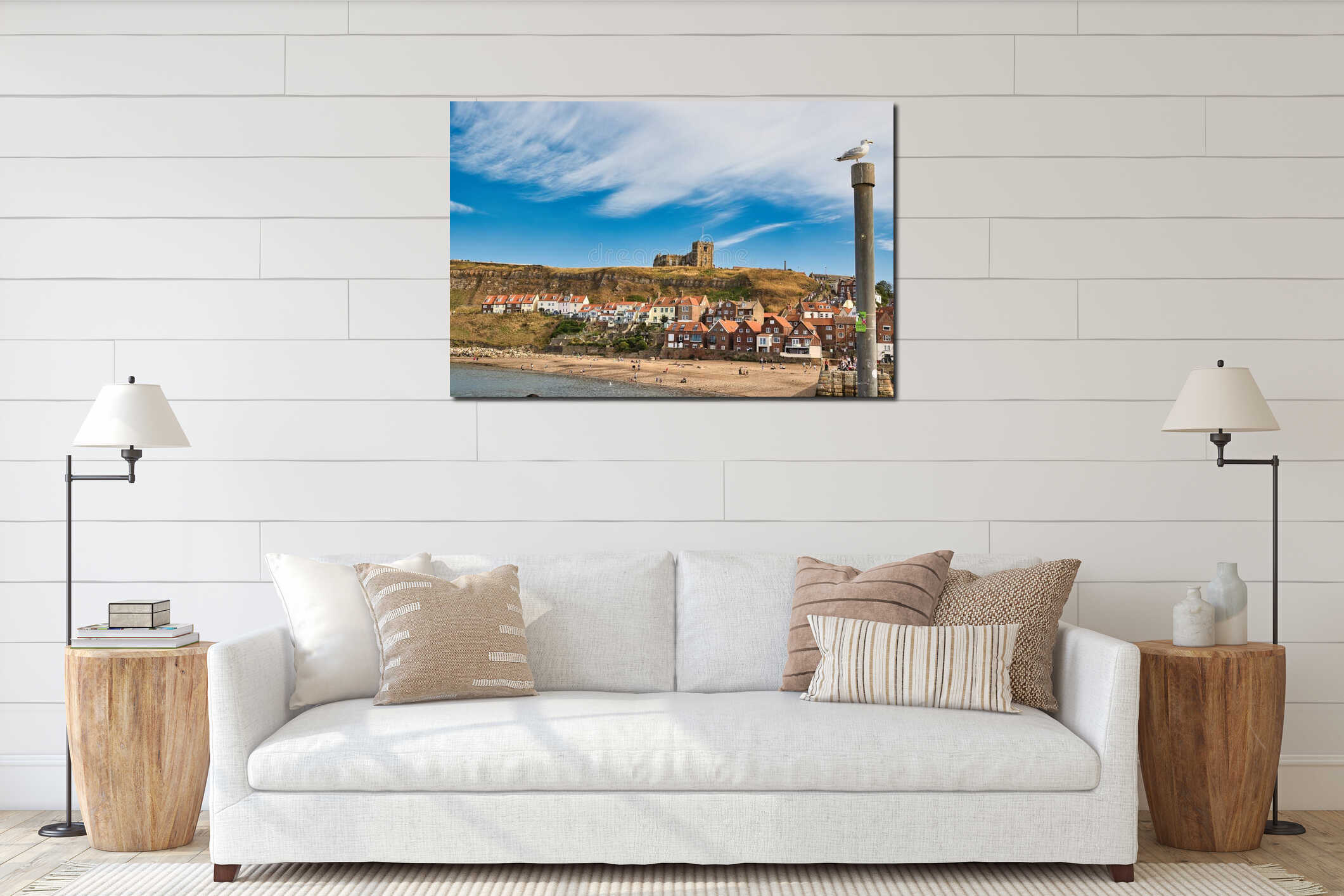 Seaside Town with Beach, Church, and Seagull  in Whitby, UK interior mockup