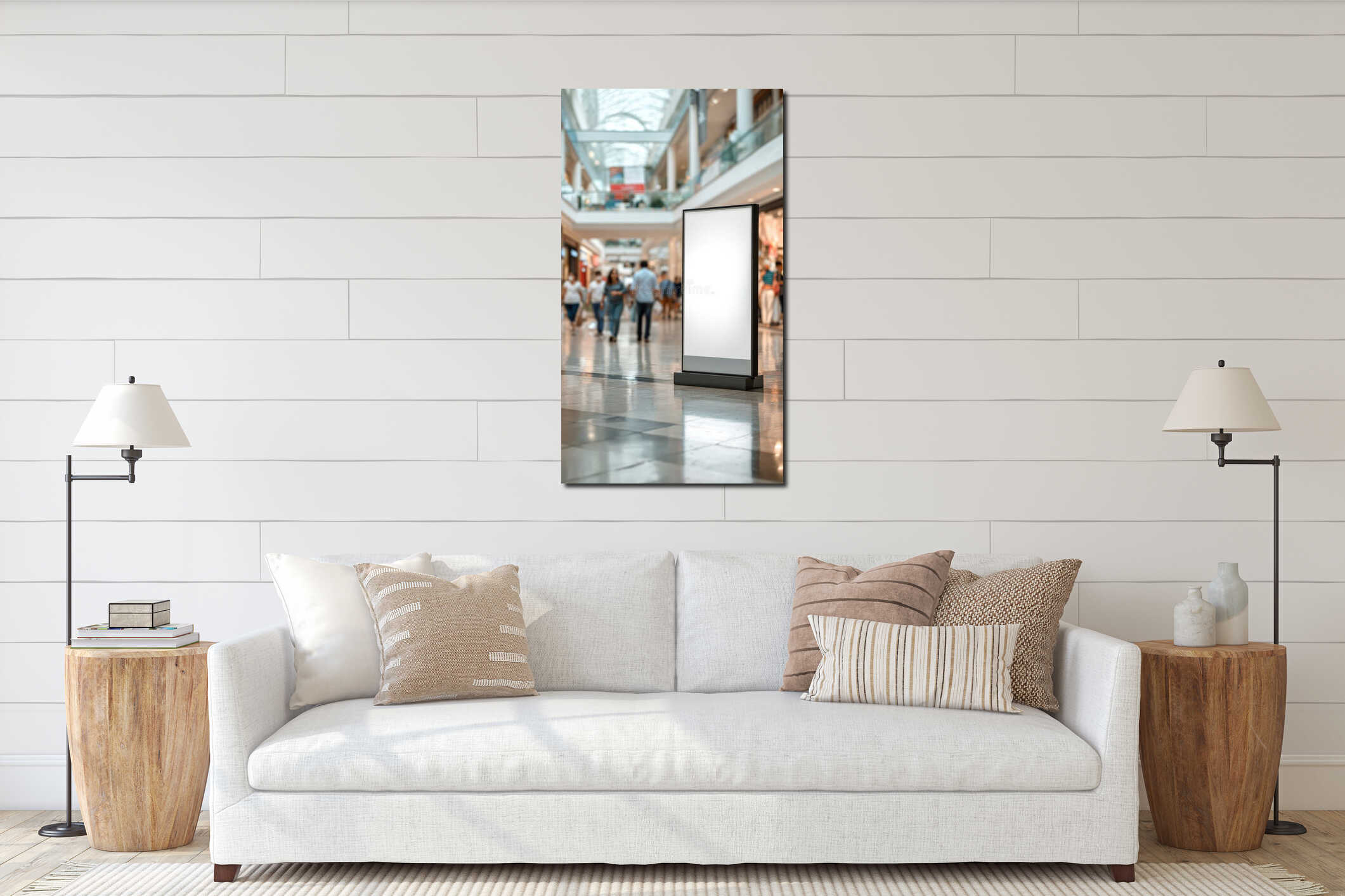 Blank vertical digital display in shopping mall with blurred people background. Advertising mockup billboard interior mockup