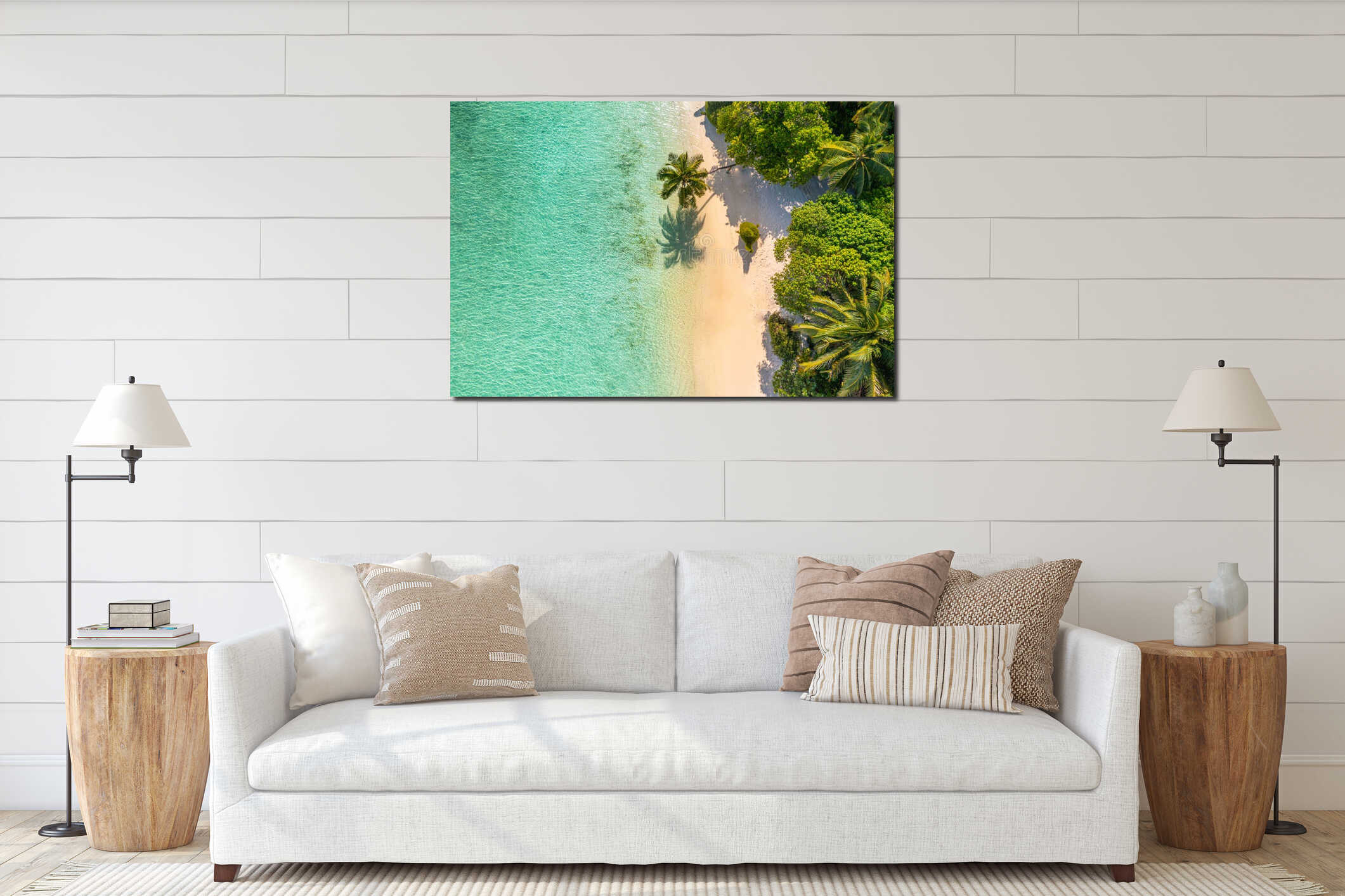 Stunning aerial beach landscape with green palm trees, top view of azure calm sea bay, sunshine casting shadows, tropical paradise interior mockup