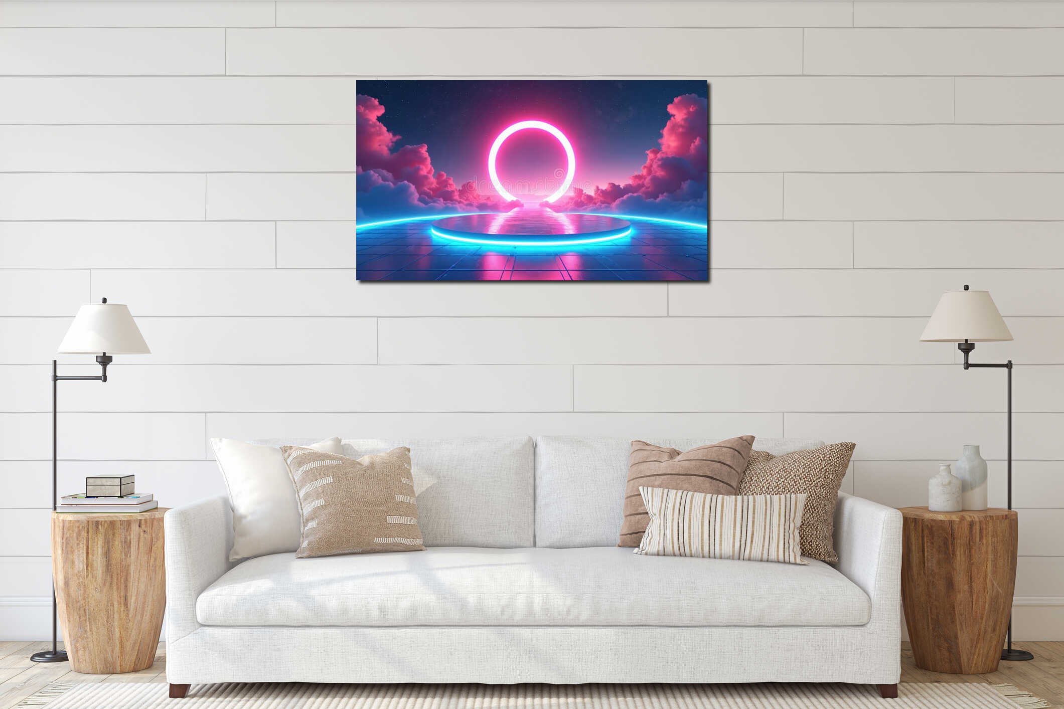 Futuristic neon glowing digital portal. Abstract stage scene design for product presentation. Retro sci-fi illustration with interior mockup