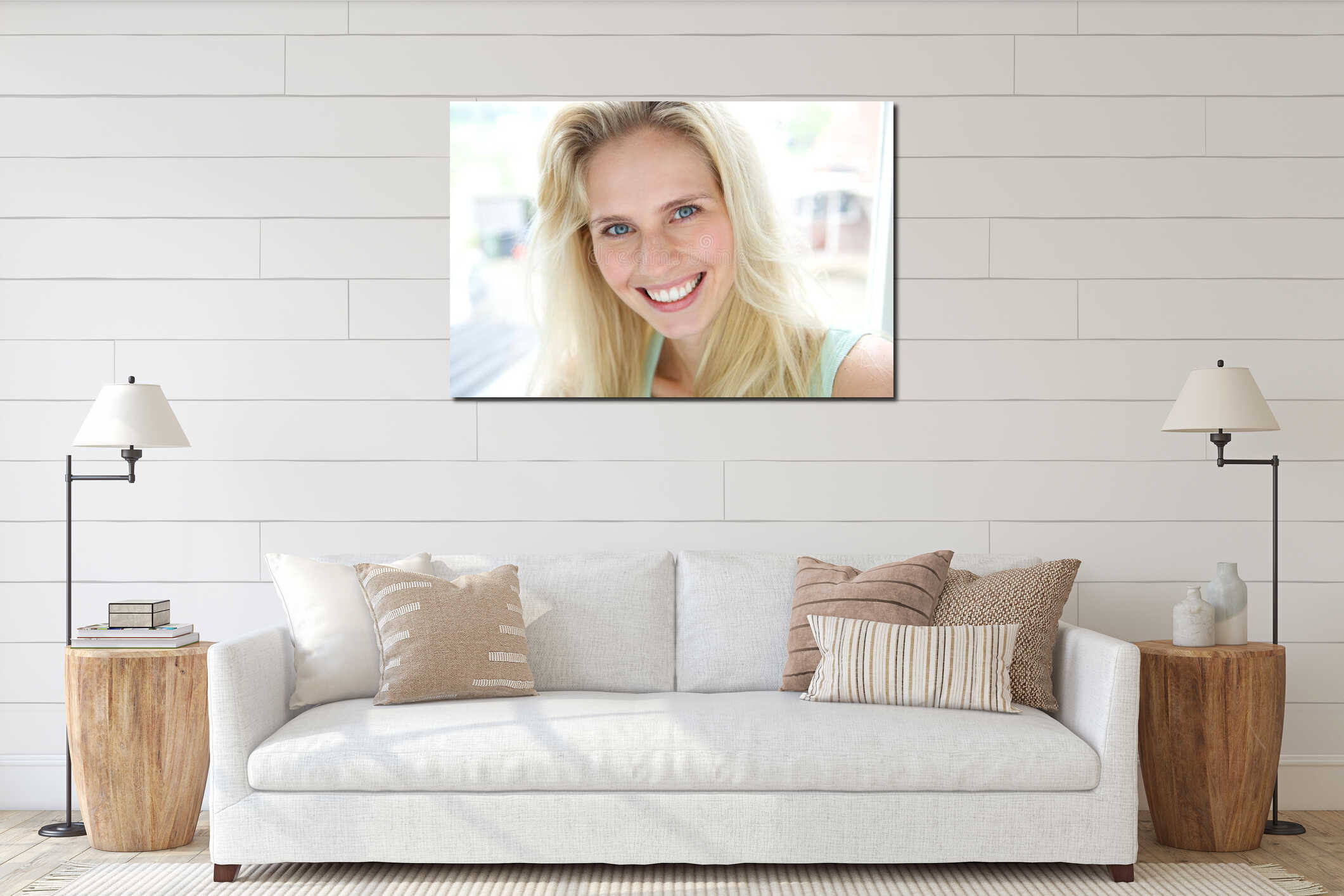 Happy smiling young blond woman interior mockup