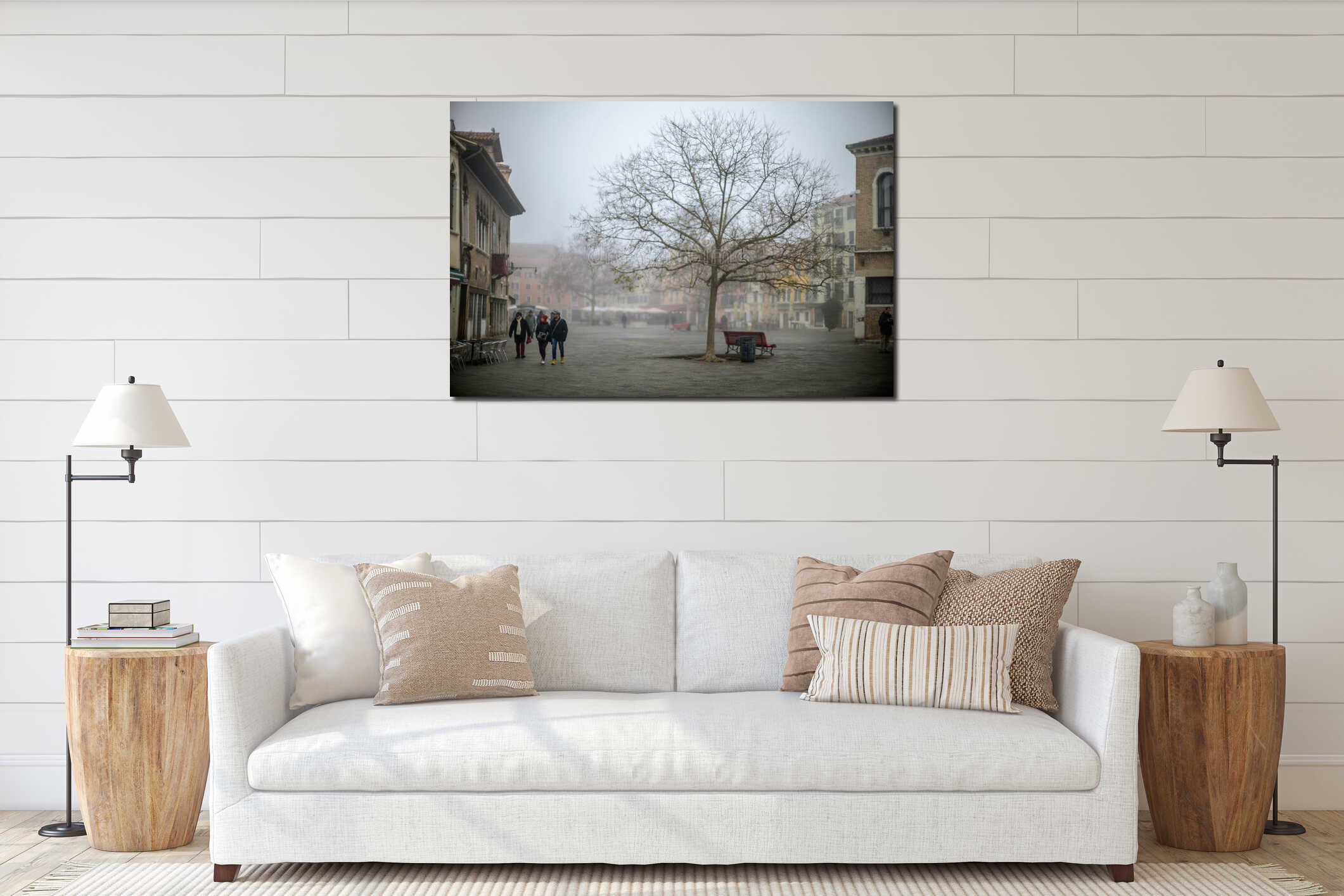 Venice, Italy, Dec 26 2018, Foggy winter morning at Campo Santa Margherita in Venice interior mockup