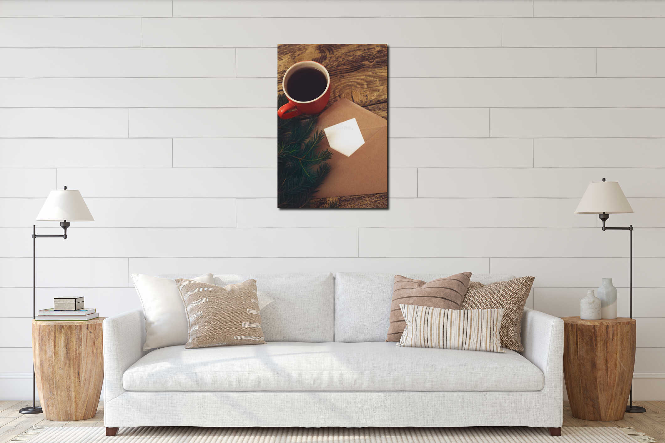 Christmas tree and red cup of aromatic coffee, Craft brown envelope and greeting card, postcard. Copy space. Rustic, retro interior mockup