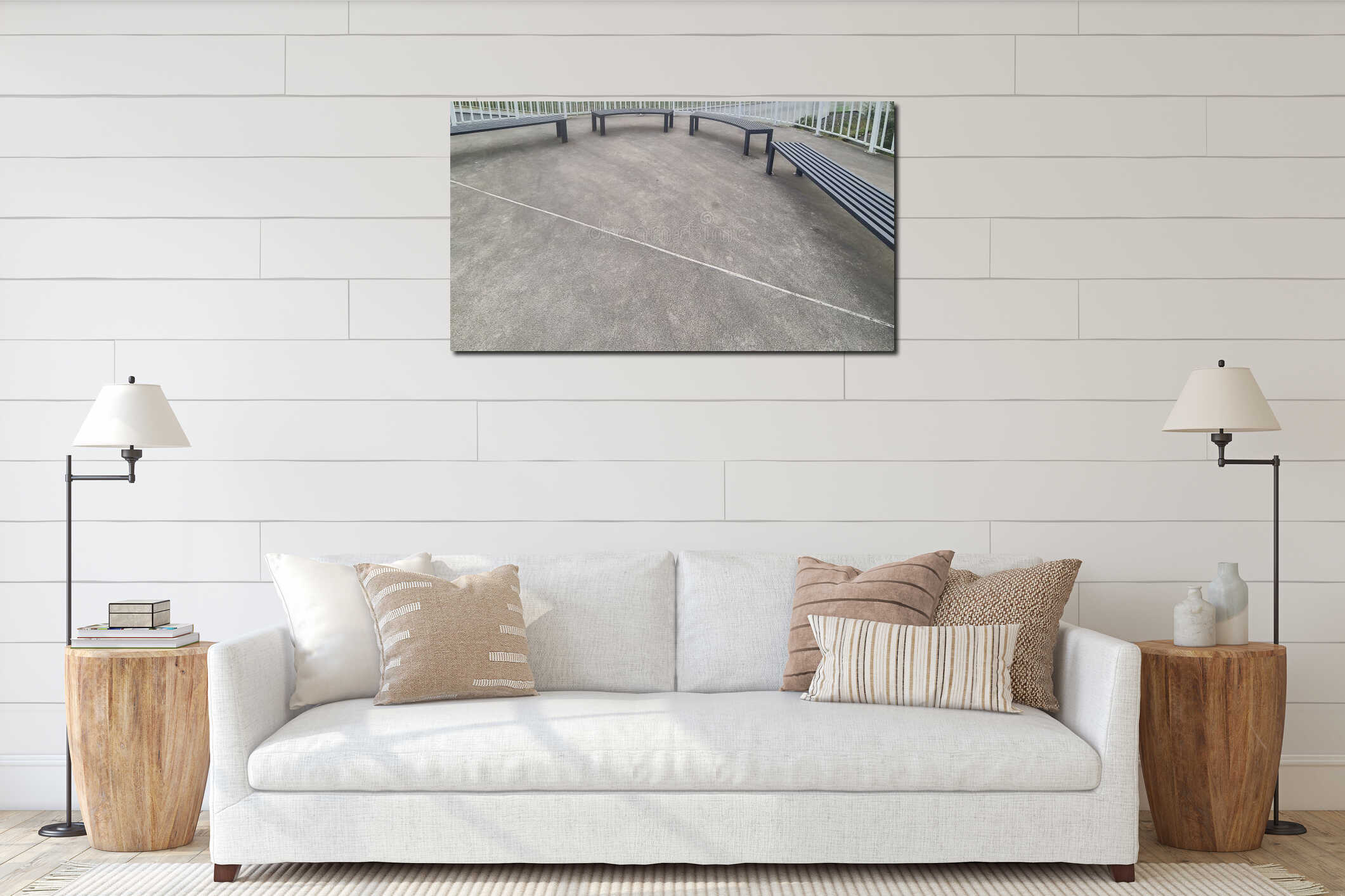 Czestochowa, Poland - August 9, 2025: A modern outdoor seating area features black benches arranged in a circular patter interior mockup