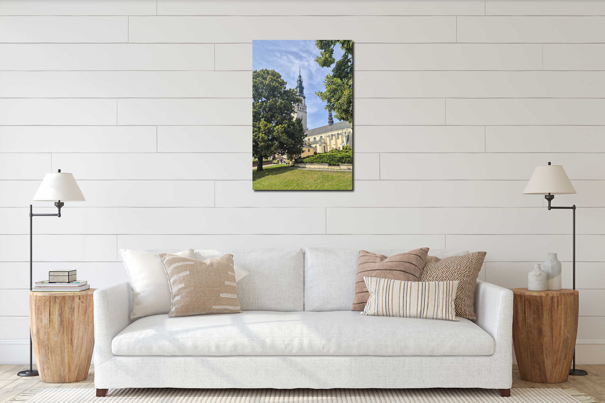 Czestochowa, Poland - August 9, 2025: A beautiful view of the Jasna Gora Monastery taken from a lush green park, showcas interior mockup