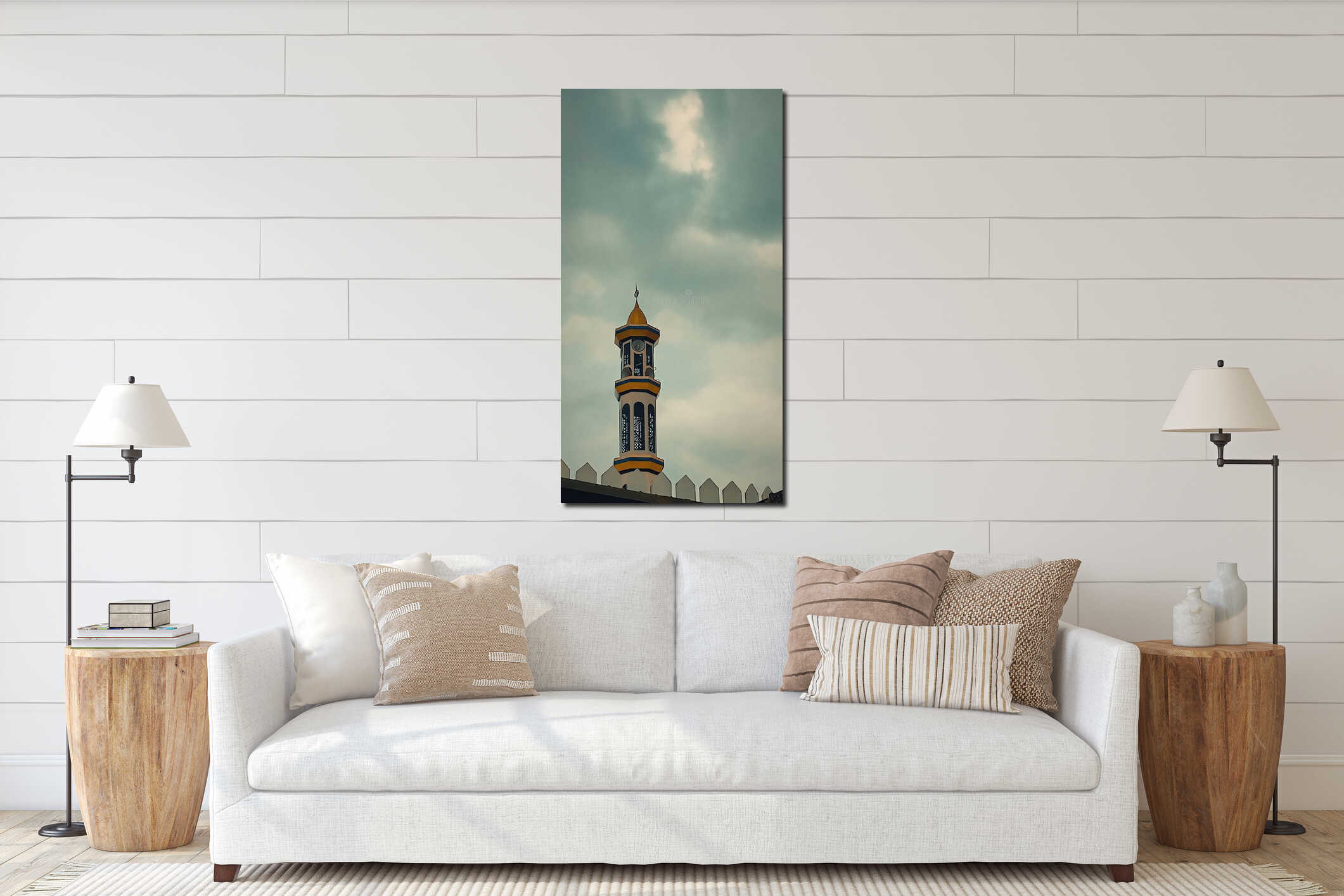 Golden-Domed Minaret Against a Serene Cloudy Sky interior mockup