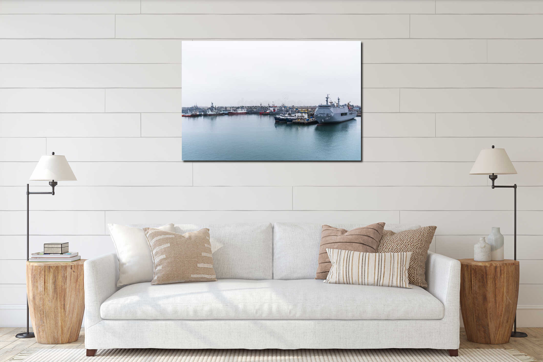 A fleet of ships is moored in the port of Callao, Peru. The scene includes gray navy warships. interior mockup