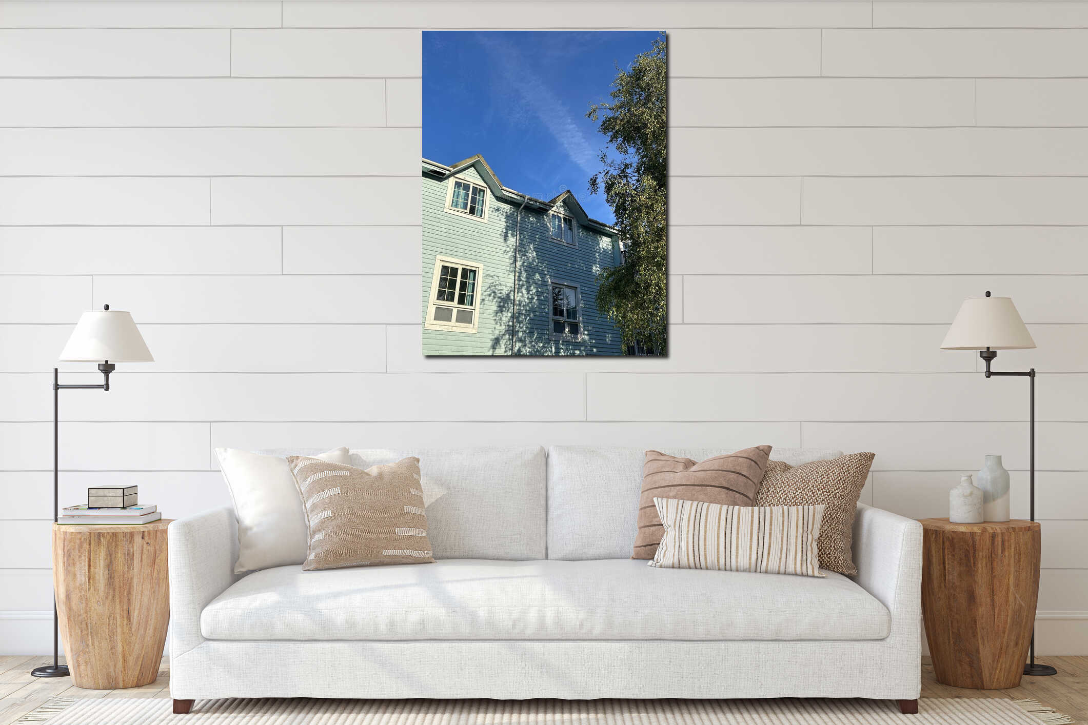 Pastel Blue House Under Clear Sky With Tree Shadows and White Trim Windows interior mockup