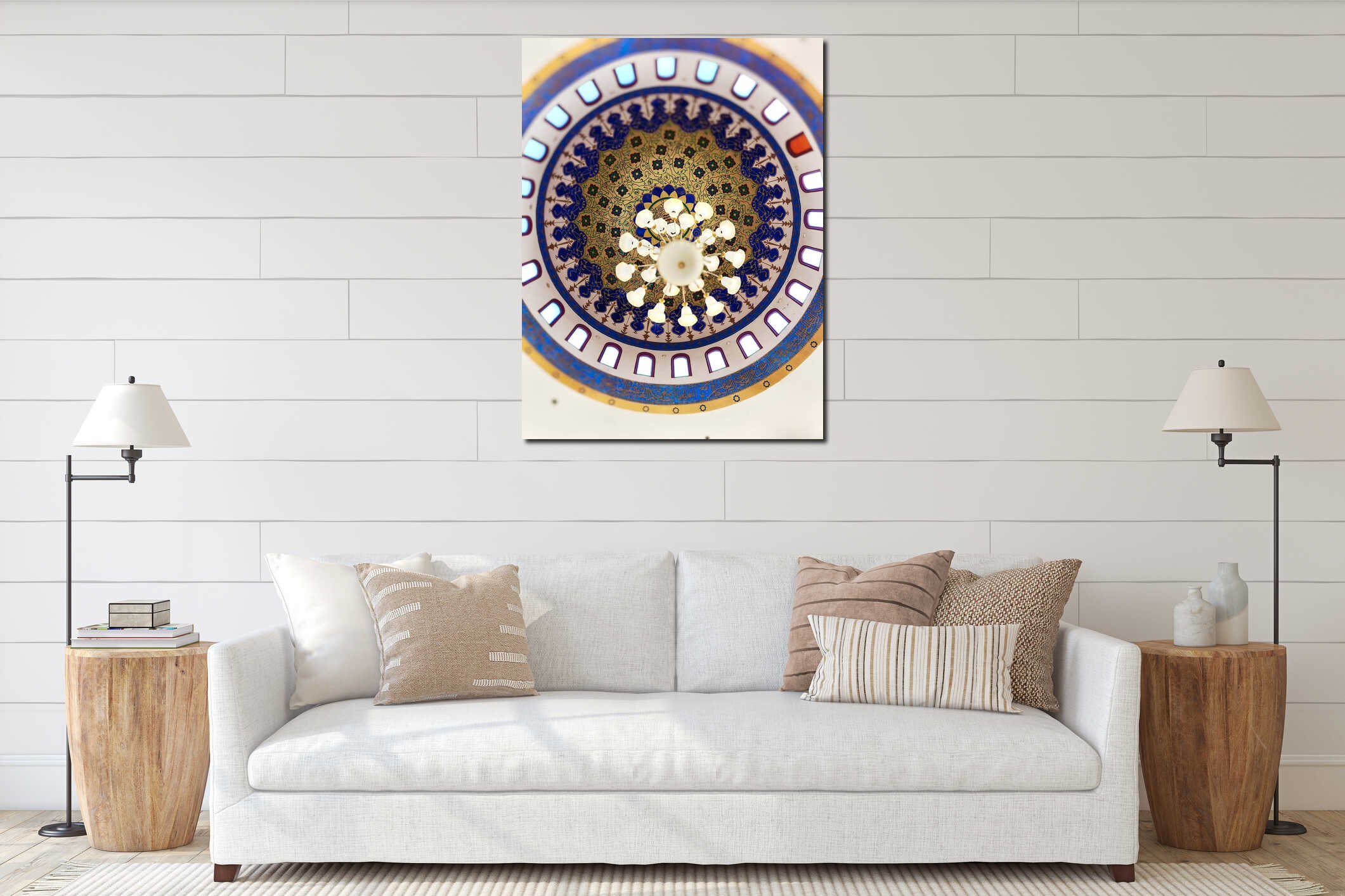 A grand chandelier hanging beneath an ornate mosque dome, surrounded by colorful calligraphy and window lights interior mockup