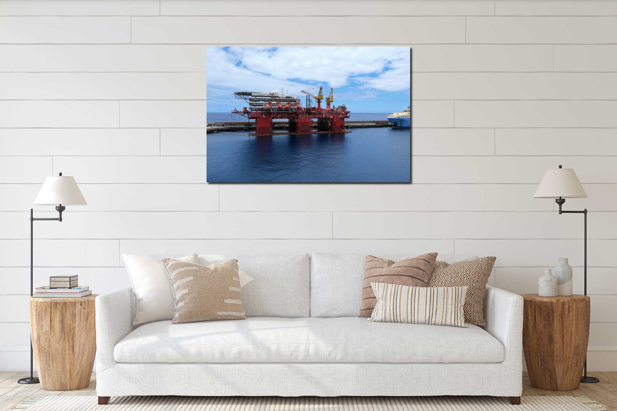 Reliance is platform, semi-submersible accommodation vessel moored in seaport, Santa Cruz de Tenerife, Canary islands. interior mockup