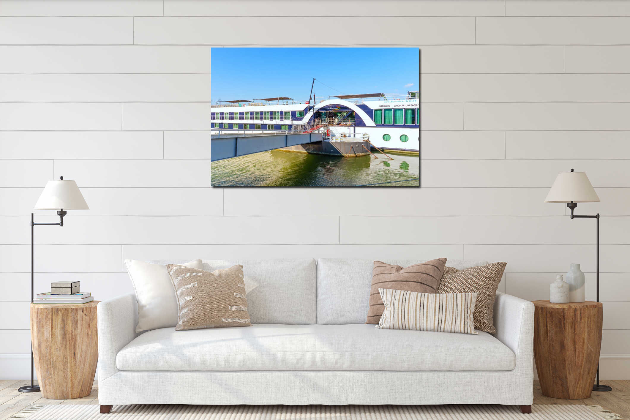 Mainz, Germany - June 19, 2025: Landing Stage at the Dock with a River Cruise Ship in Mainz Germany interior mockup