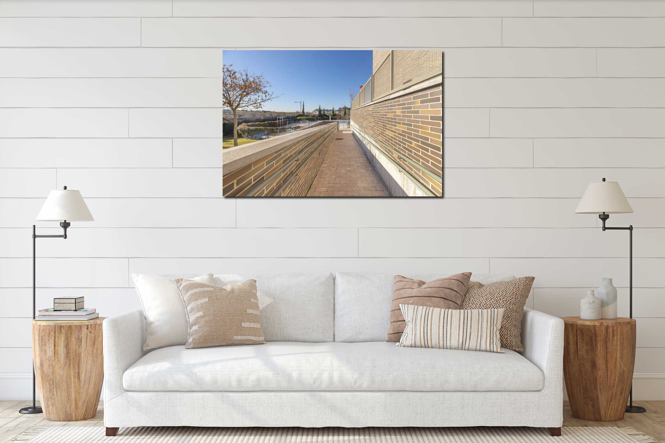 Exterior hallway with terracotta-toned exposed brick walls, natural stone flooring, and climbing vines framing the path interior mockup