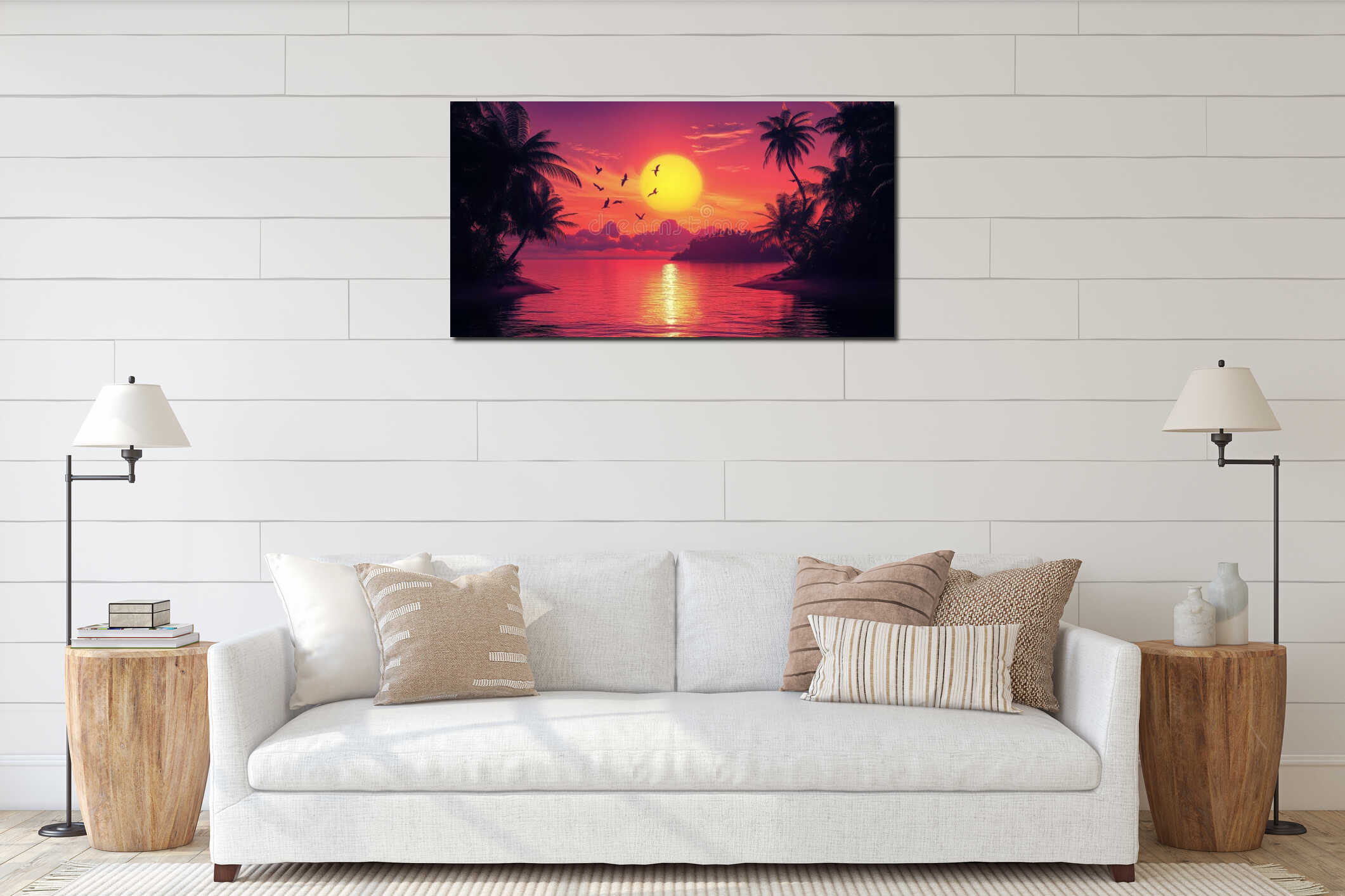 Sunset Over a Calm Beach With Silhouettes of Palm Trees and Birds Flying in the Evening Sky. interior mockup