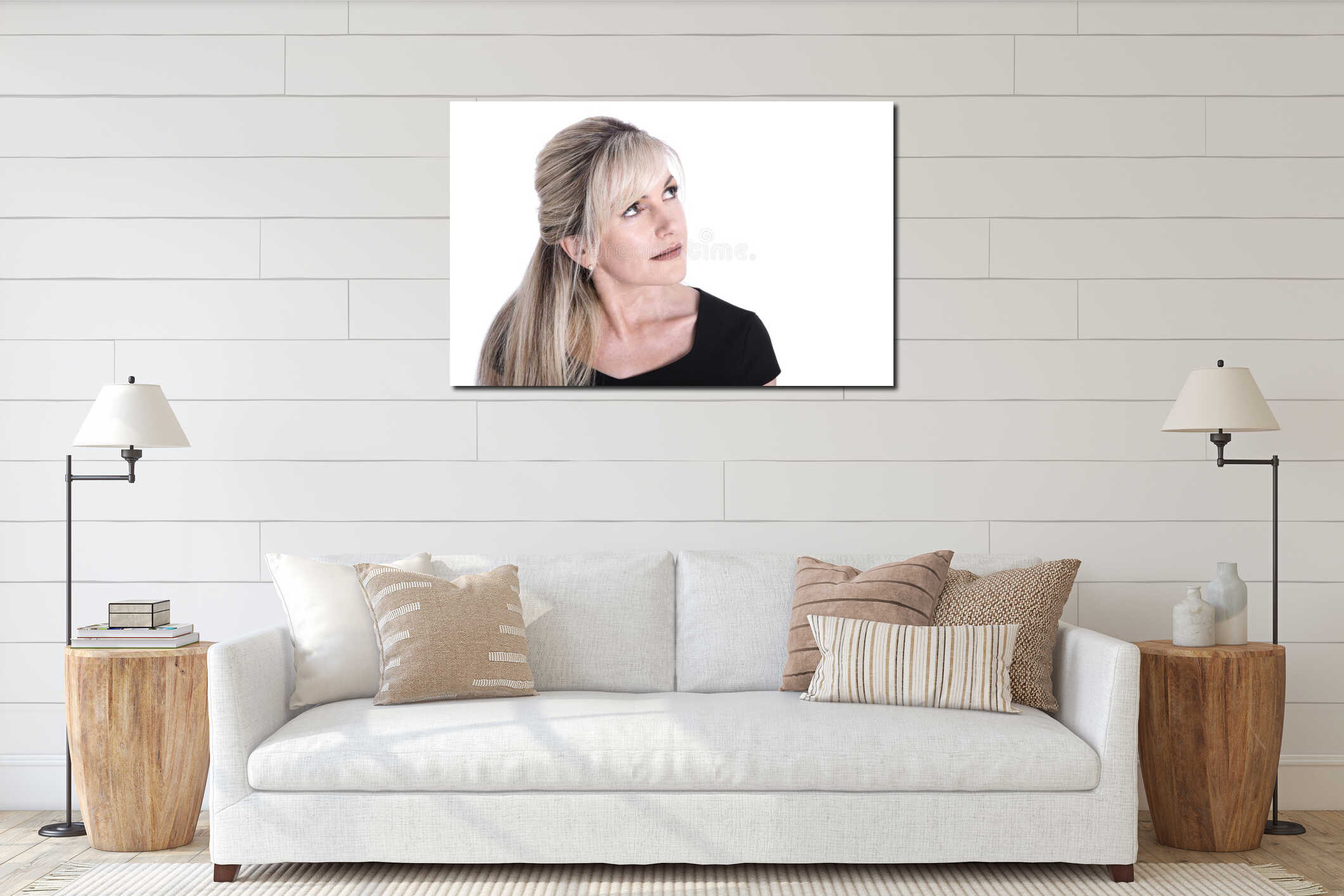 Portrait of mature beautiful blond woman face looking up. interior mockup
