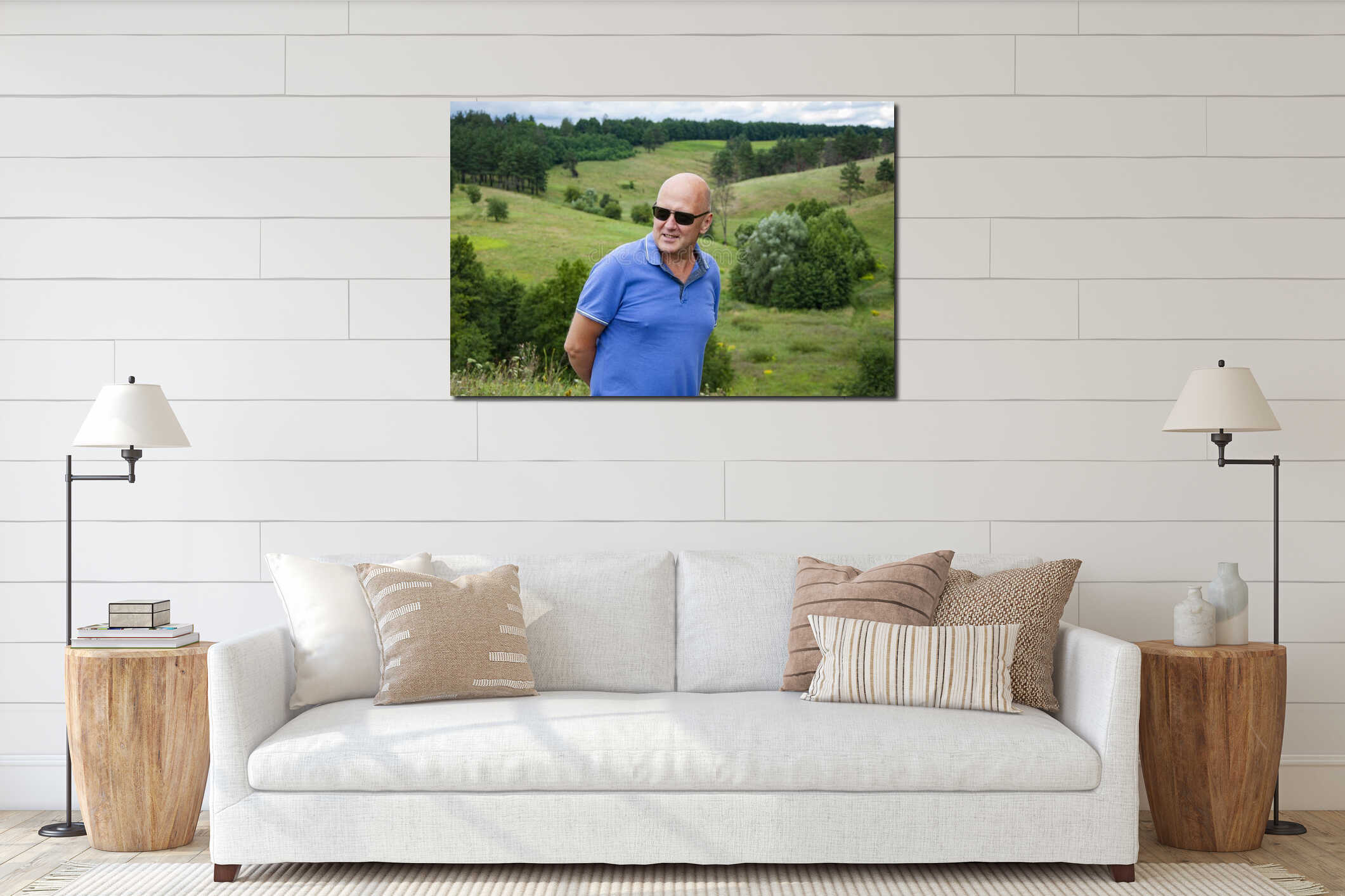 Travel portrait of man. Tourist man on hill. Landscape scenic nature hill. Travel destination. Traveler at mountain wildness. interior mockup