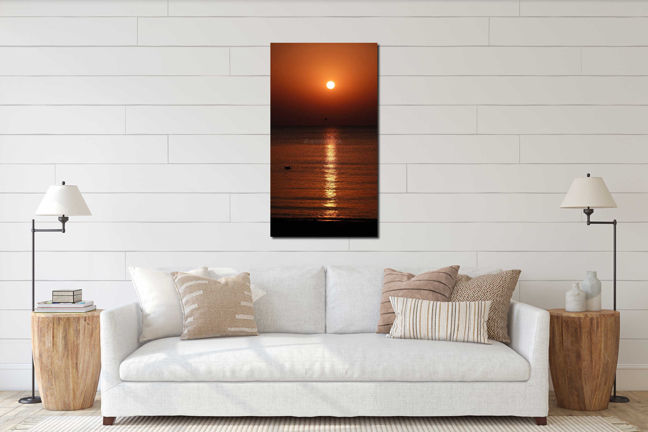 Sunrise,  reflections and seagulls at Black Sea coast - Navodari interior mockup