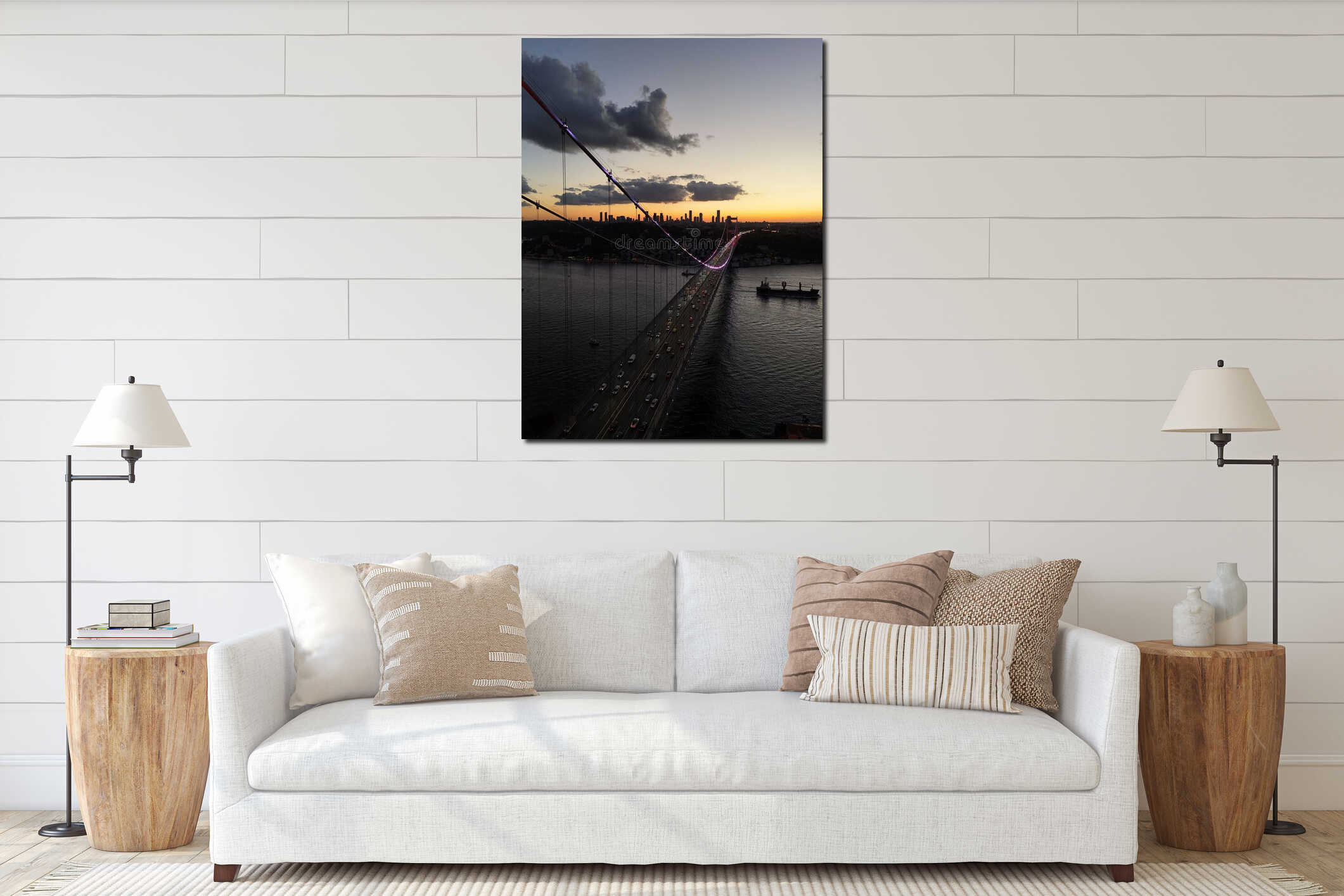 Fatih Sultan Mehmet Bridge at sunset in Istanbul, with the city skyline and traffic. interior mockup