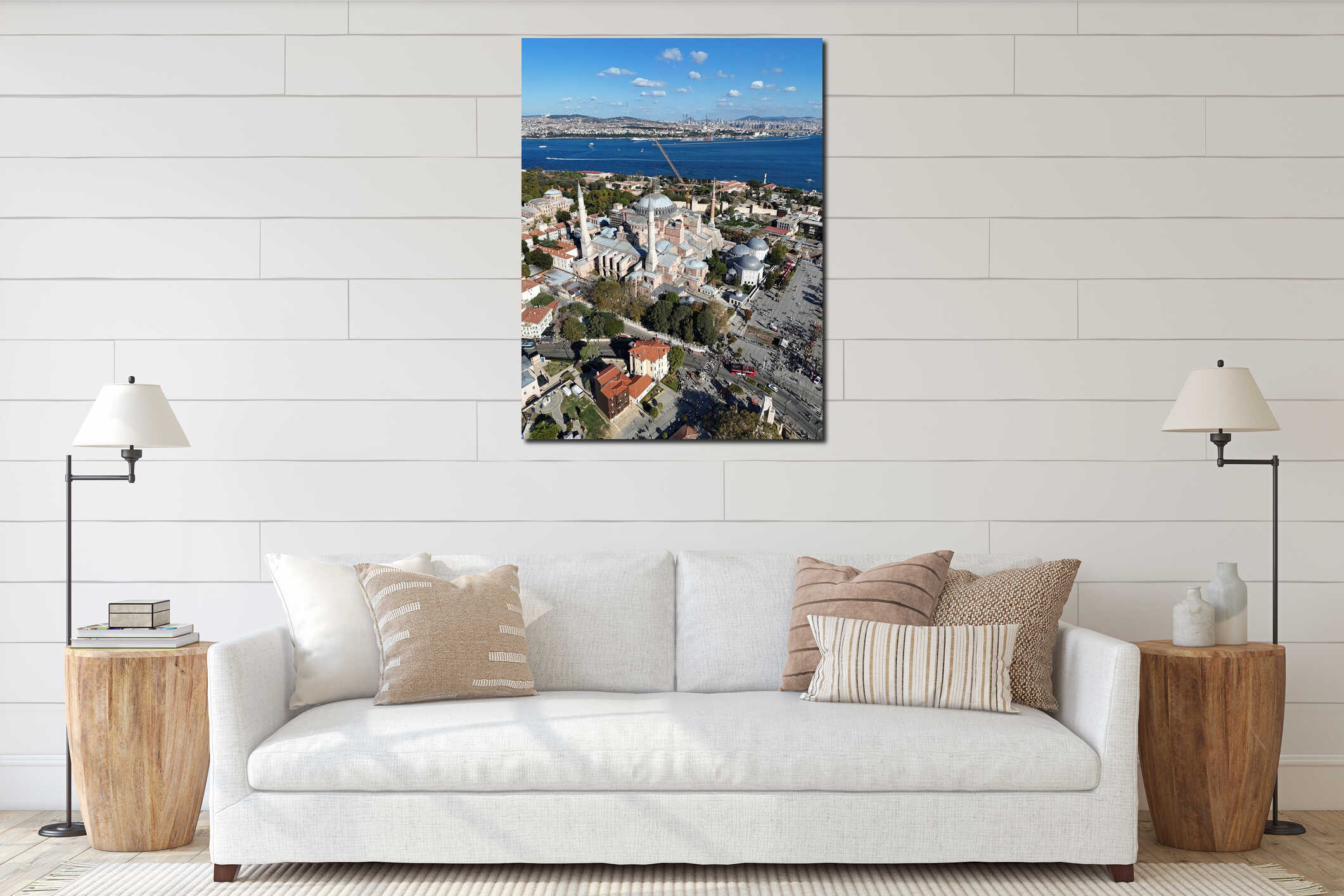 Aerial view of Hagia Sophia and Bosphorus in Istanbul on a sunny day. interior mockup