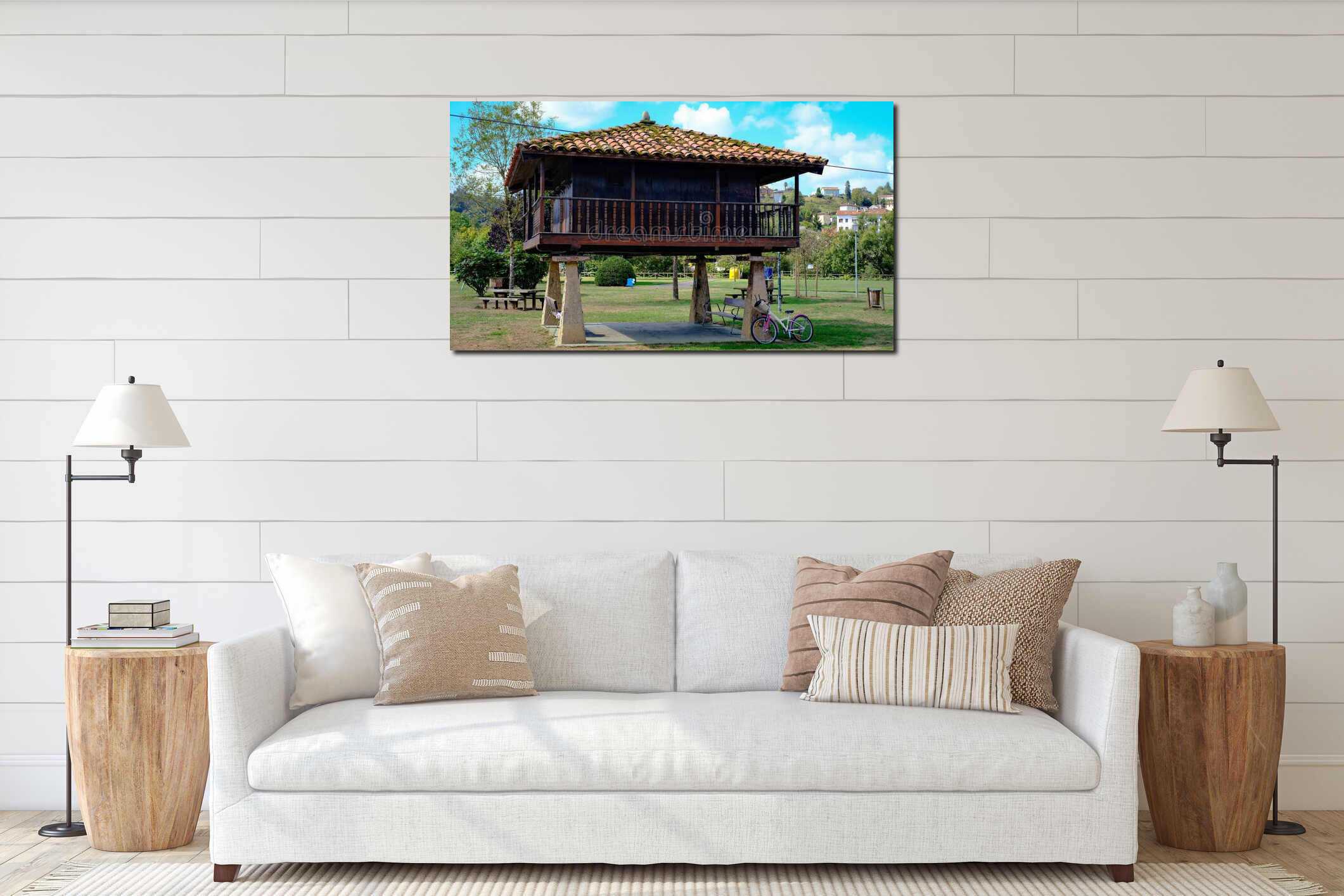 A horizontal, wide-angle shot of a traditional Spanish granary, or Horreo interior mockup