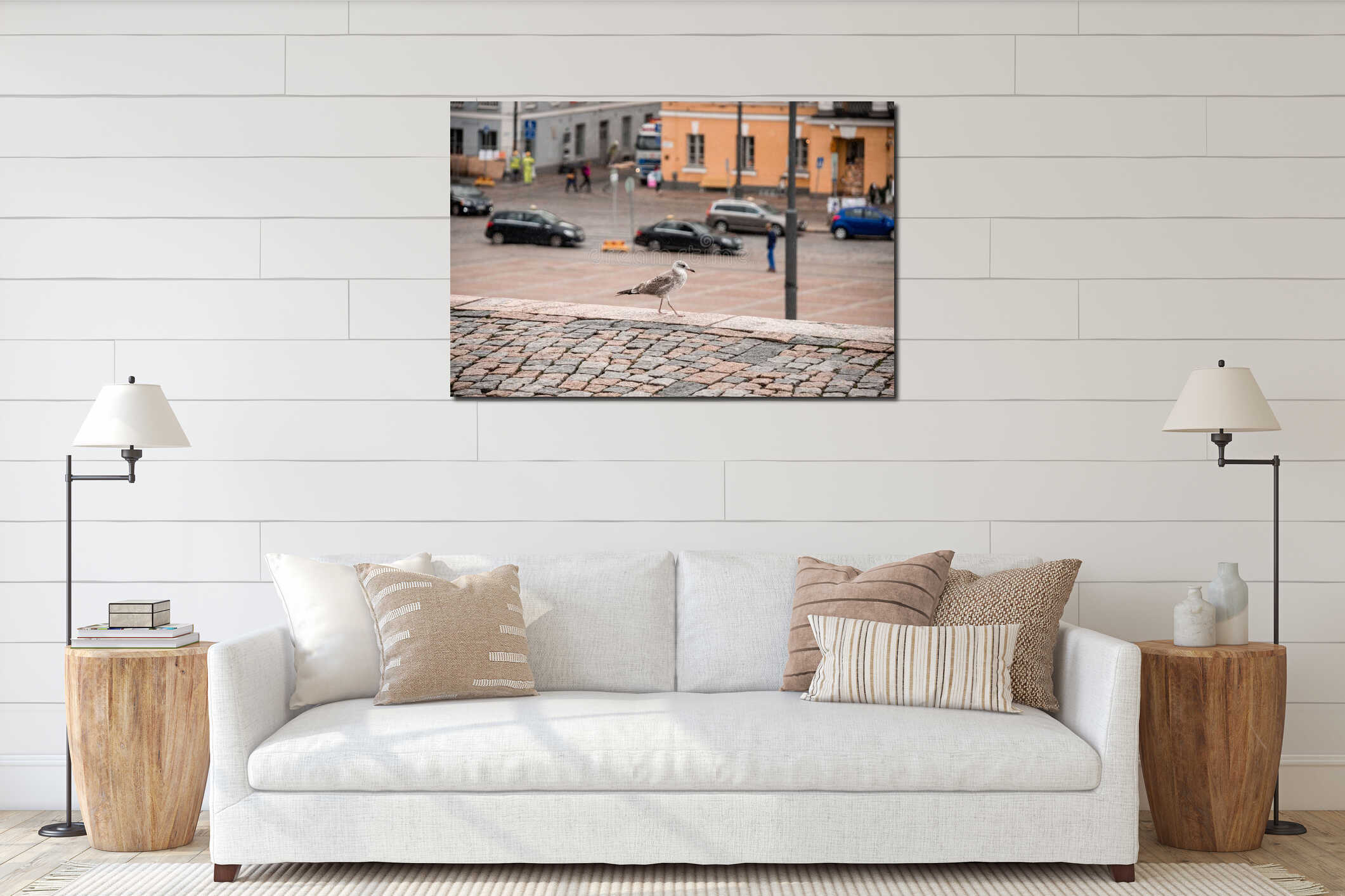 Seagull strolling on cobblestones in urban streetscape interior mockup