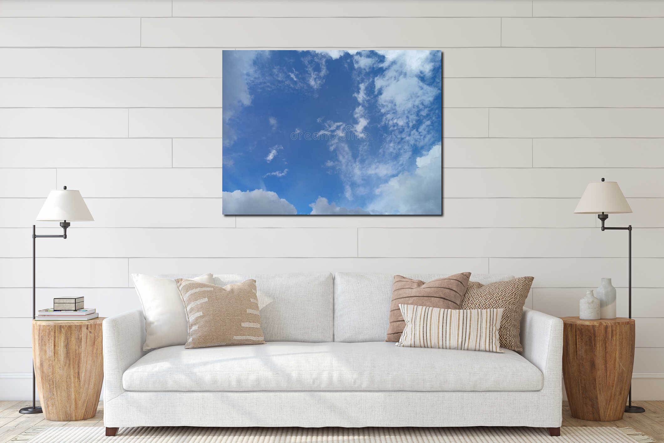 A bright blue sky filled with fluffy white clouds interior mockup