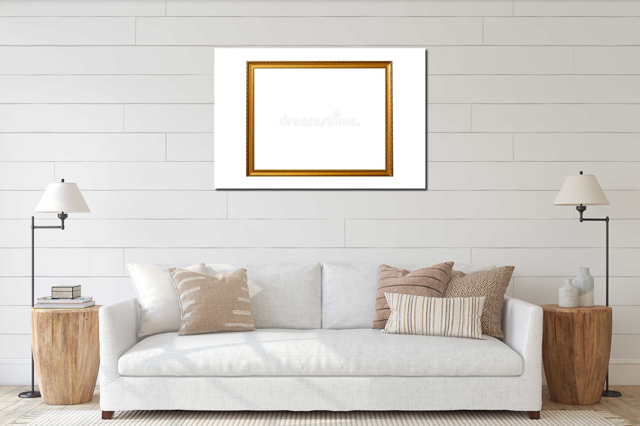 Vintage old retro wooden golden frame isolated on white interior mockup
