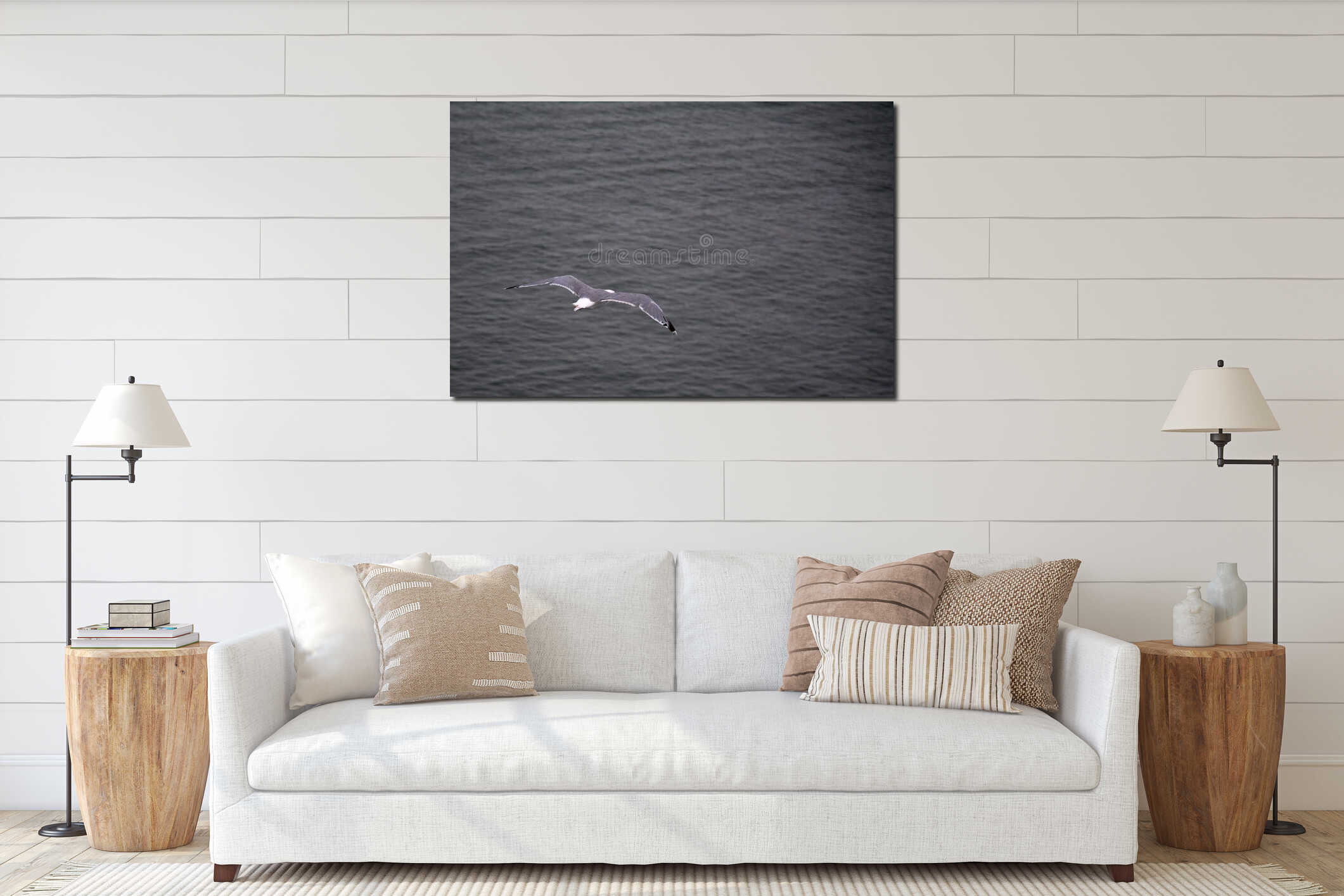 Solitary seagull flying over dark ocean water. interior mockup