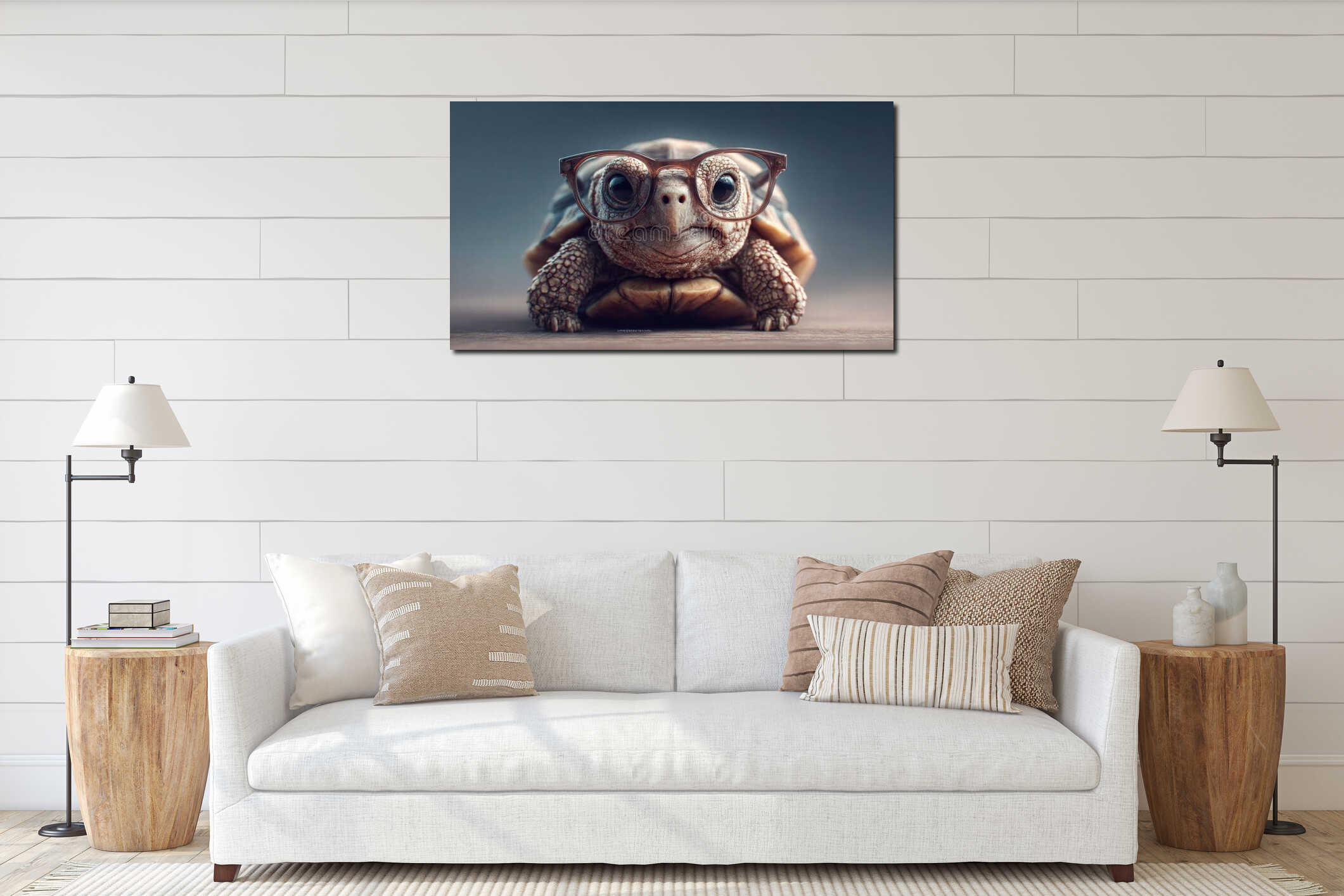 A charming tortoise wearing glasses, looking directly at the viewer. interior mockup