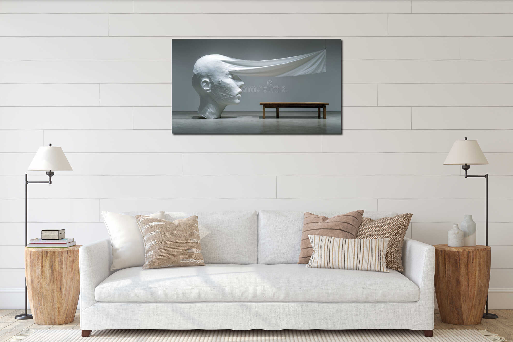 Surreal sculpture of a white human head with elongated fabric extending from the eyes towards a wooden table in a interior mockup