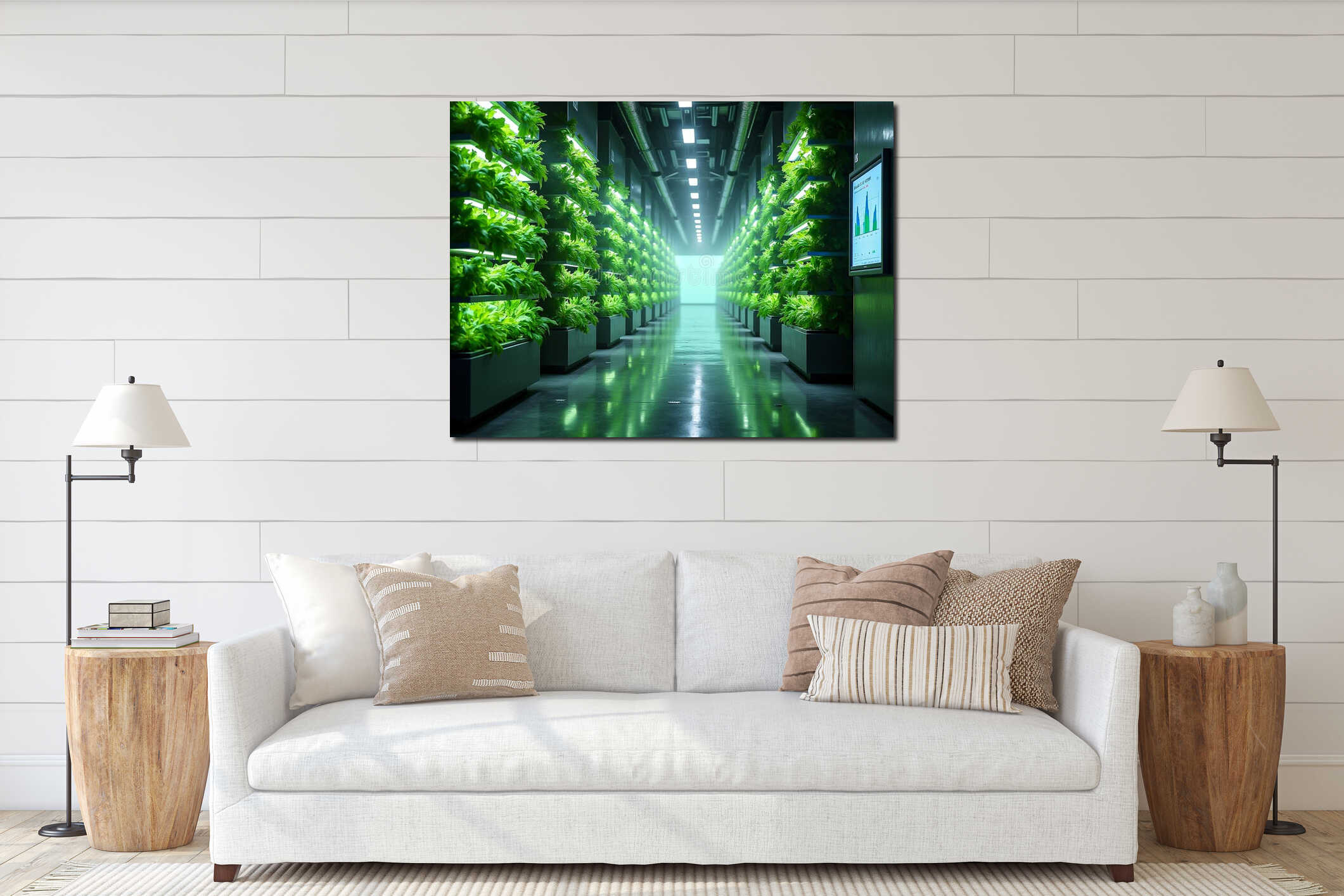 Vertical Farm with LED-Lit Plant Towers in High-Tech Indoor Facility â Future Agriculture interior mockup