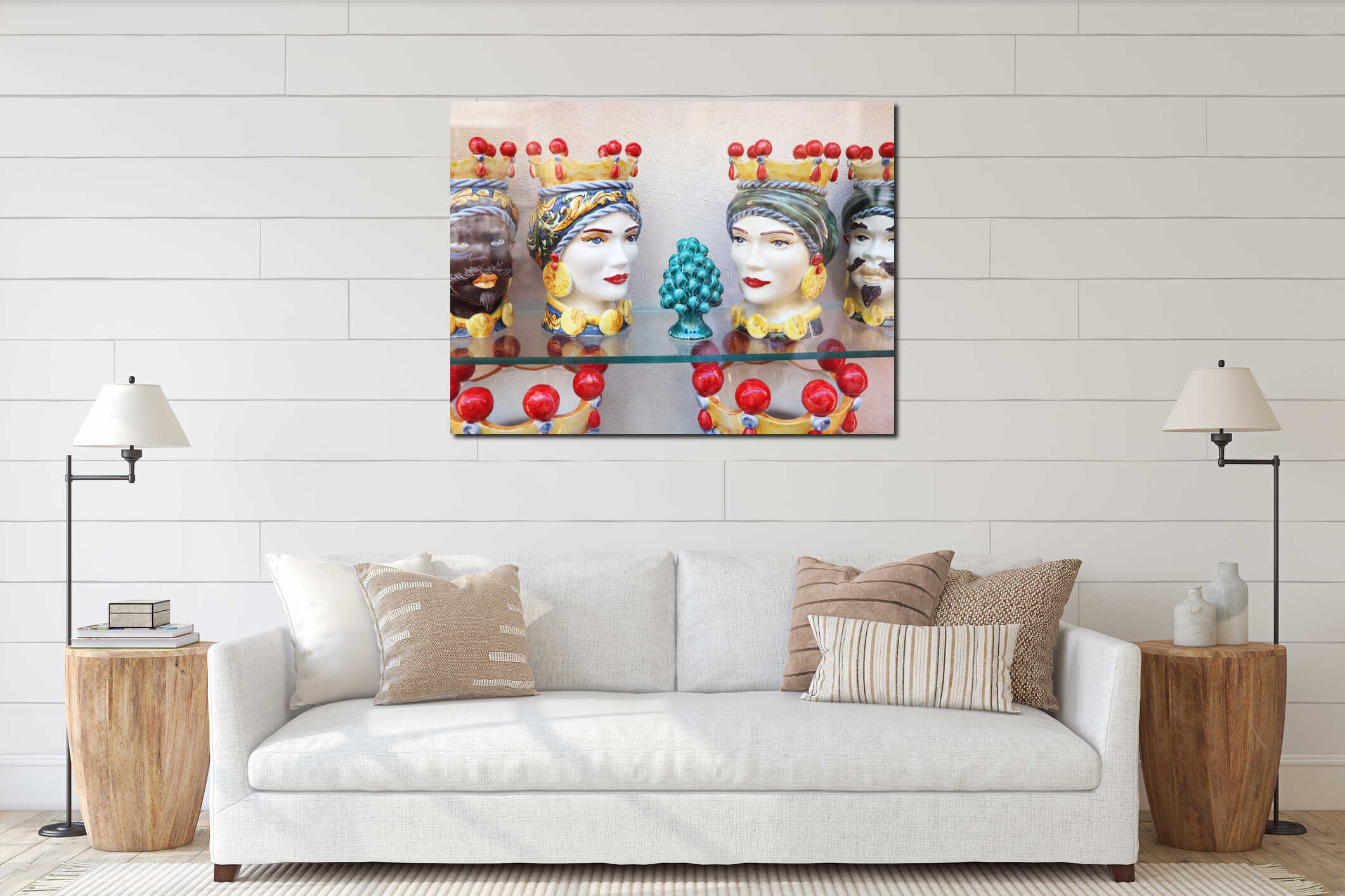 Teste di Moro, head happed ceramic flower pots in a gift shop in Taormina. It is one of the symbols of Sicily interior mockup