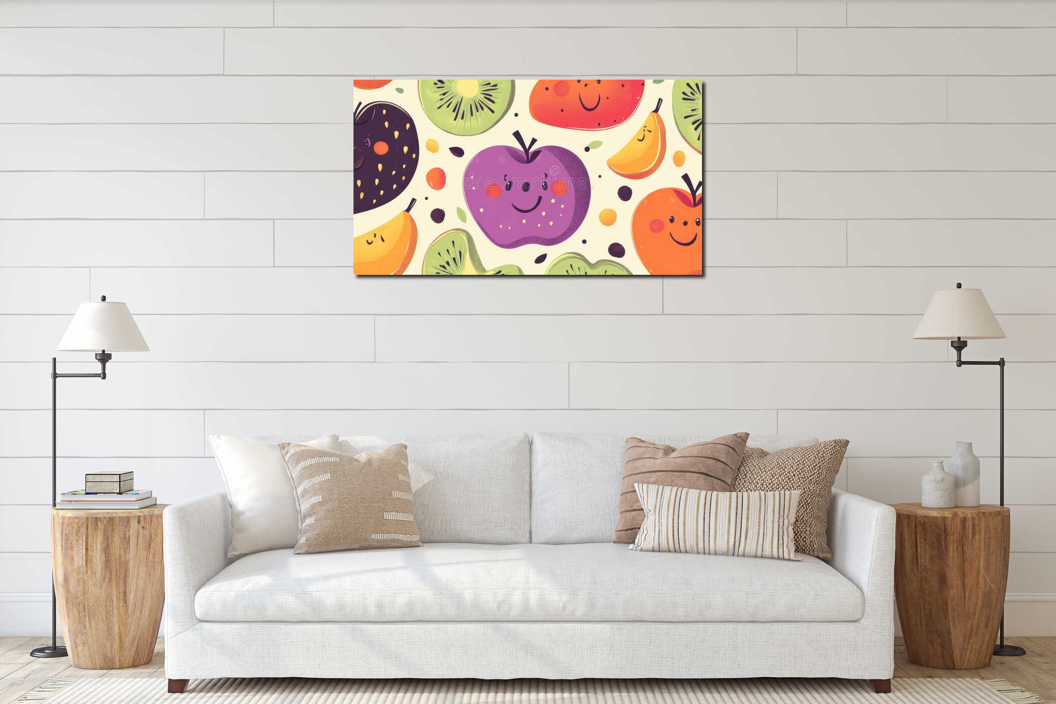 A colorful cartoon pattern featuring retro mascots is on seamless fabric design interior mockup