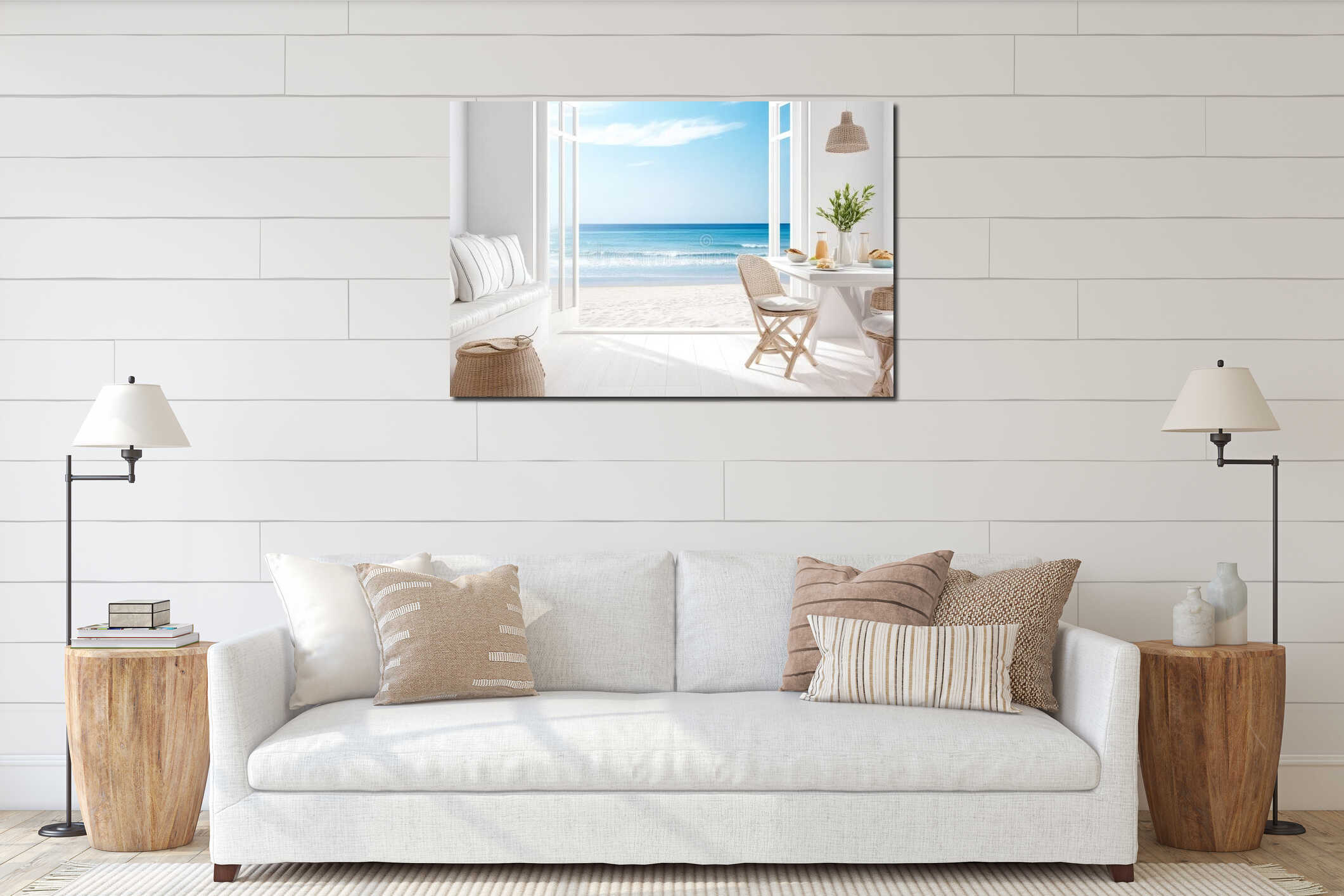 A bright dining room with open windows showcasing a serene ocean view, perfect for a coastal retreat interior mockup