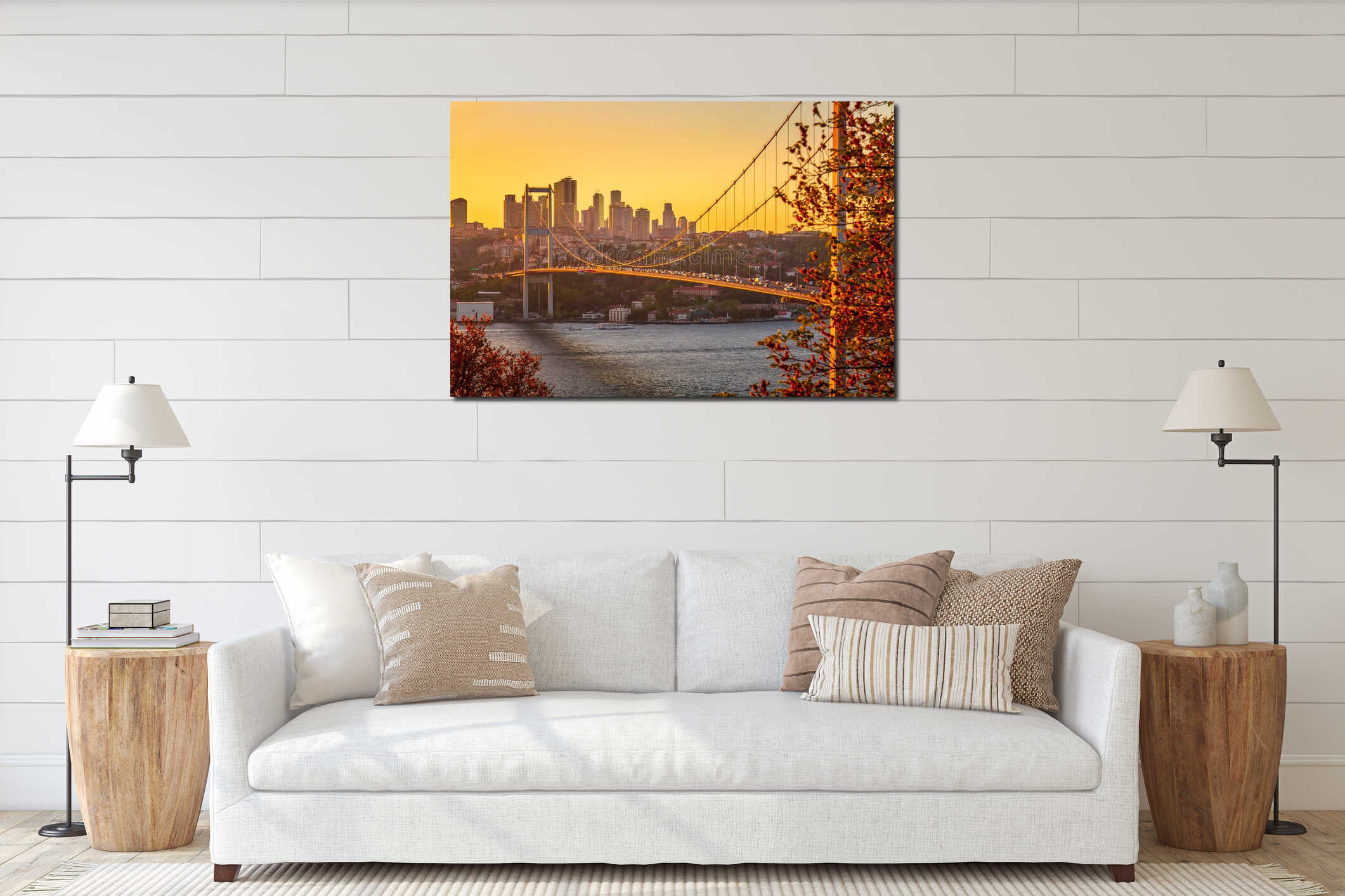 Istanbul Bosphorus Bridge or 15th July Martyrs Bridge at sunset. Istanbul, Turkey interior mockup